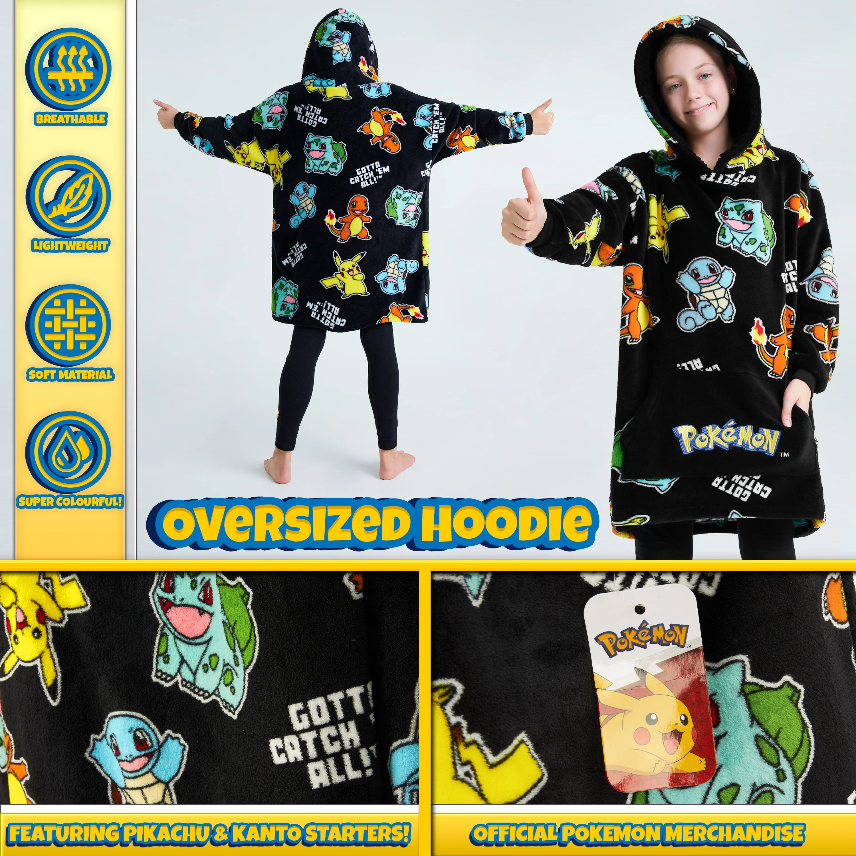 Pokemon Oversized Hoodie Blanket for Kids, Pikachu Gifts for Boys (Black Aop) - Image 4