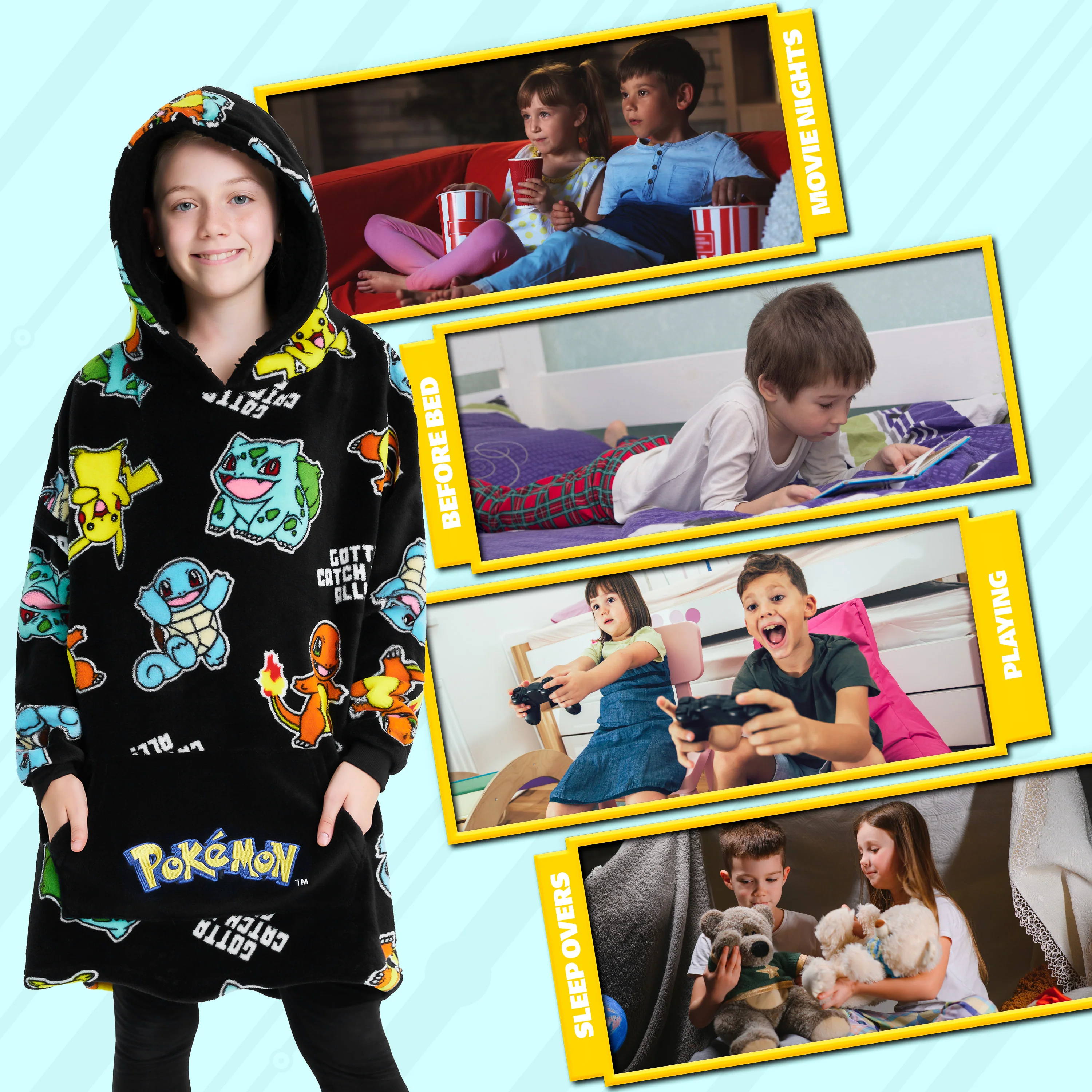 Pokemon Oversized Hoodie Blanket for Kids, Pikachu Gifts for Boys (Black Aop) - Image 5