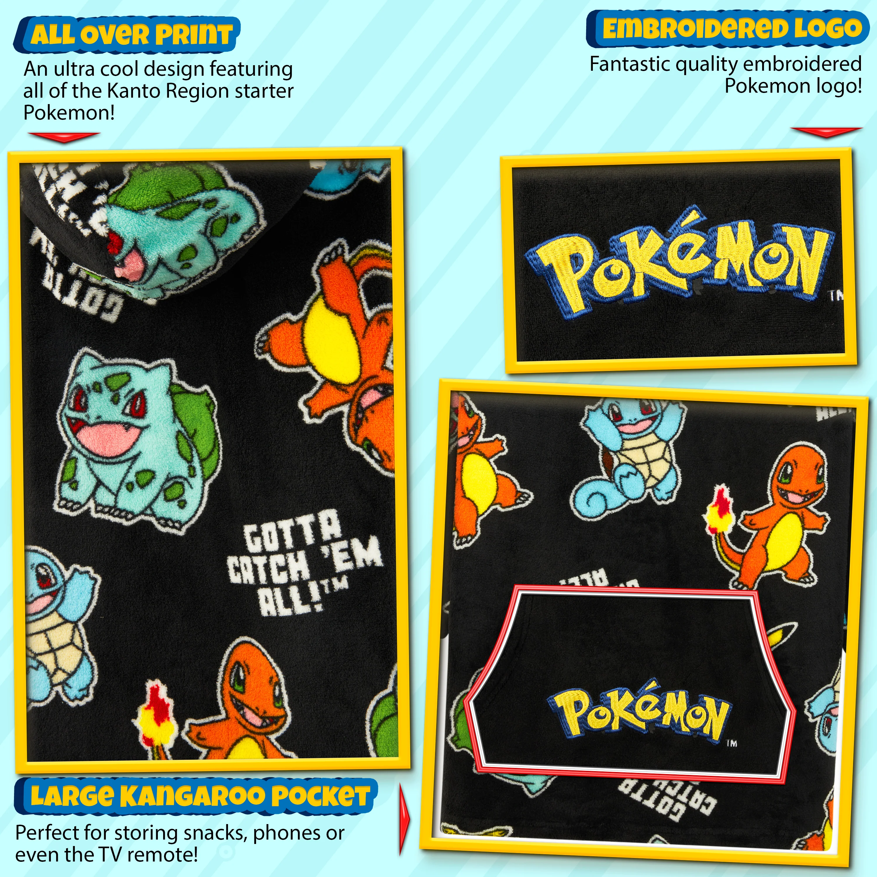 Pokemon Oversized Hoodie Blanket for Kids, Pikachu Gifts for Boys (Black Aop) - Image 6