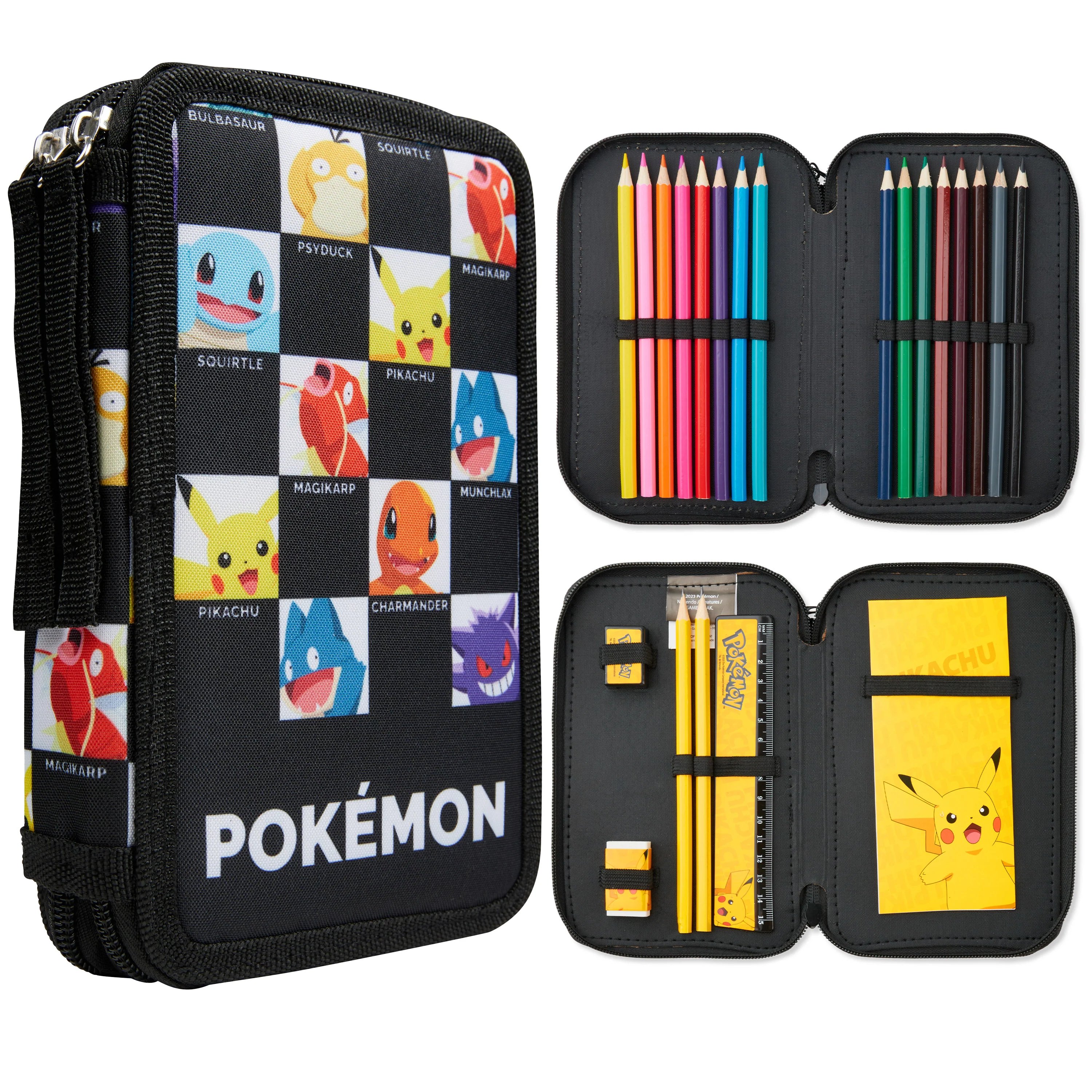 Pokémon Pencil Case for Kids Teen Filled with Anime School Supplies Stationery Set Pikachu Pen Case Multiple Compartments Drawing Writing Colouring Set (AOP Characters)