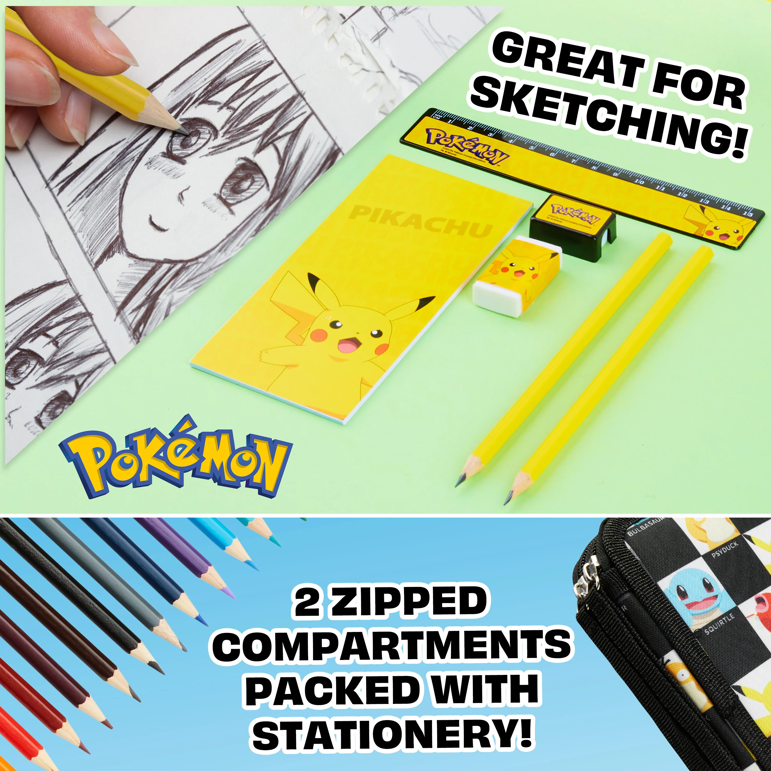 Pokémon Pencil Case for Kids Teen Filled with Anime School Supplies Stationery Set Pikachu Pen Case Multiple Compartments Drawing Writing Colouring Set (AOP Characters) - Image 4