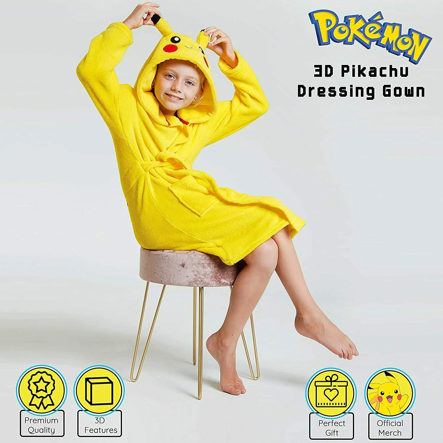 Pokemon Soft Fleece Dressing Gown with 3D Pikachu Hood for Kids - Image 3