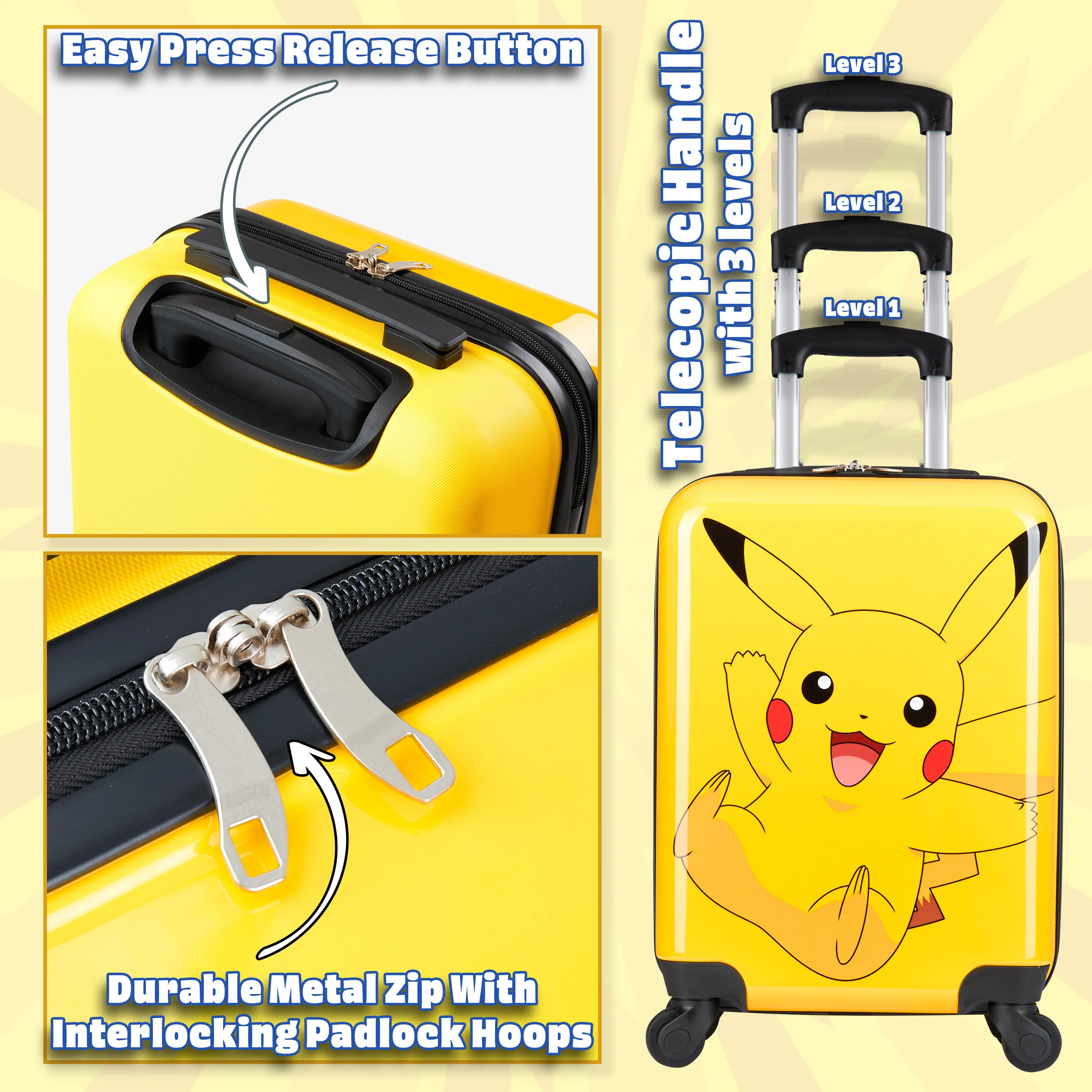 Pokemon Suitcase Kids Teens Hard Shell Luggage Pikachu Travel Case 4 Wheels - Image 5
