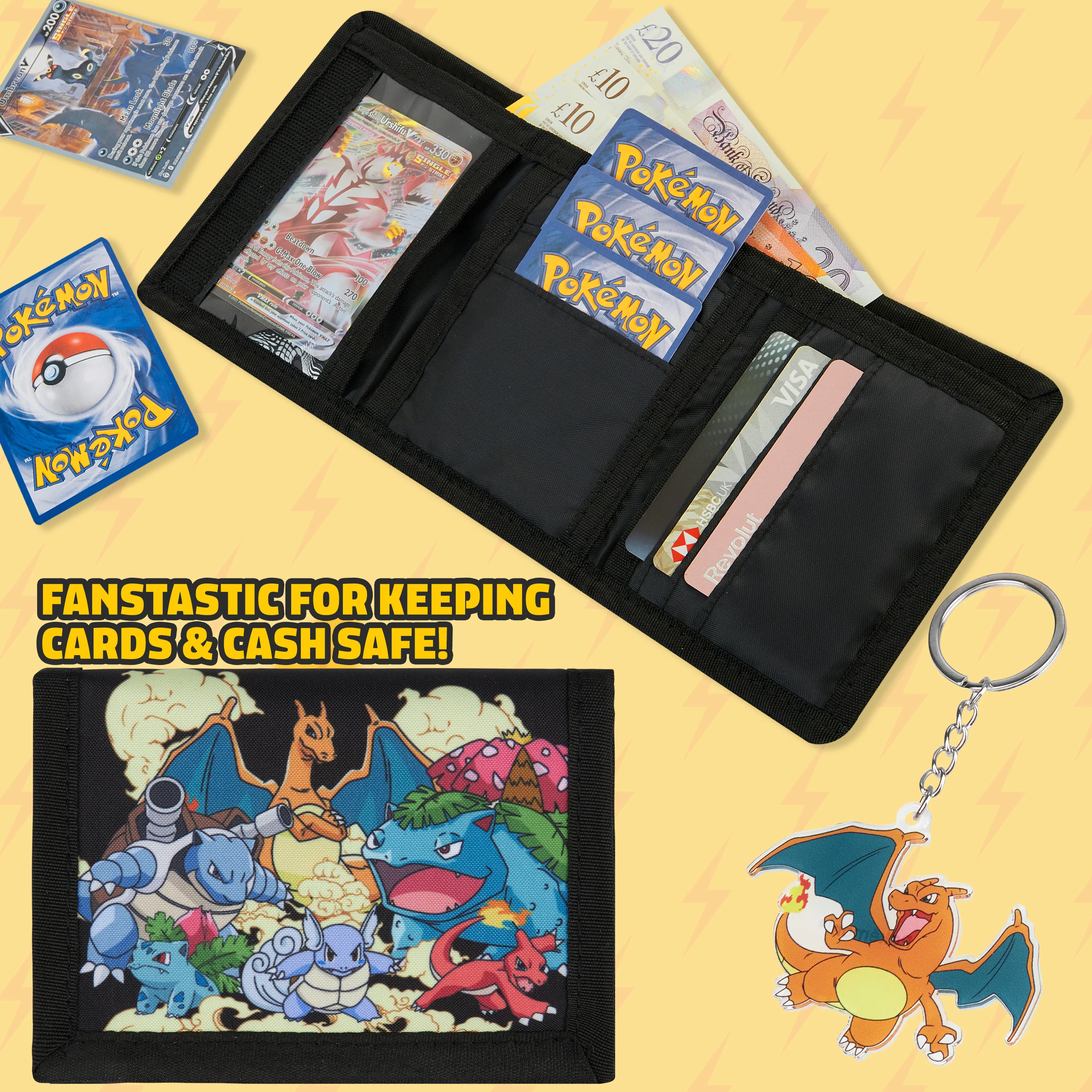 Pokemon Wallet Kids Teenagers Anime Trifold Canvas Wallet with ID Pocket Coin Purse & Keyring Pikachu Gift Set for Travel Outdoors Sports Gamer Gifts (Black/Multi) - Image 5