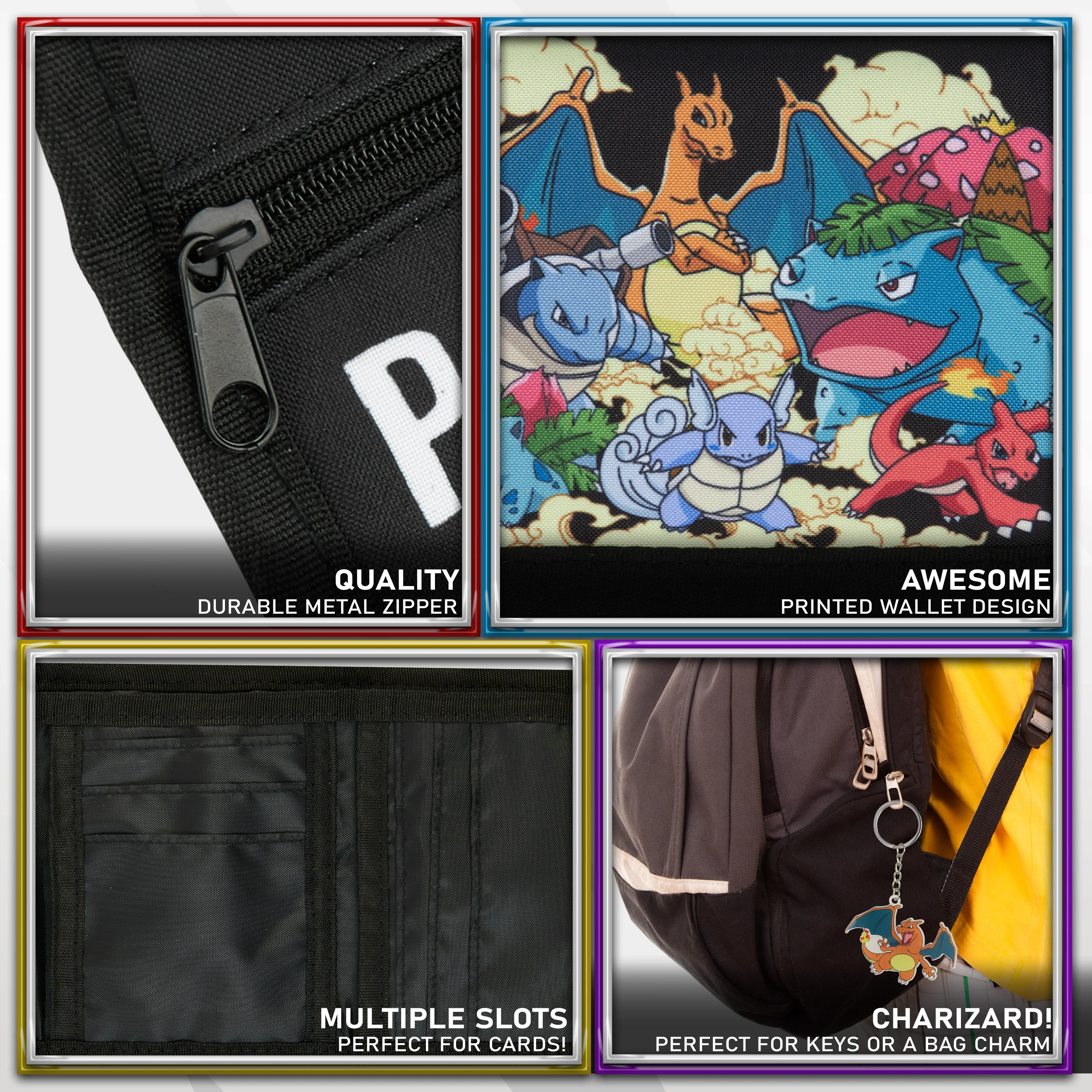 Pokemon Wallet Kids Teenagers Anime Trifold Canvas Wallet with ID Pocket Coin Purse & Keyring Pikachu Gift Set for Travel Outdoors Sports Gamer Gifts (Black/Multi) - Image 6