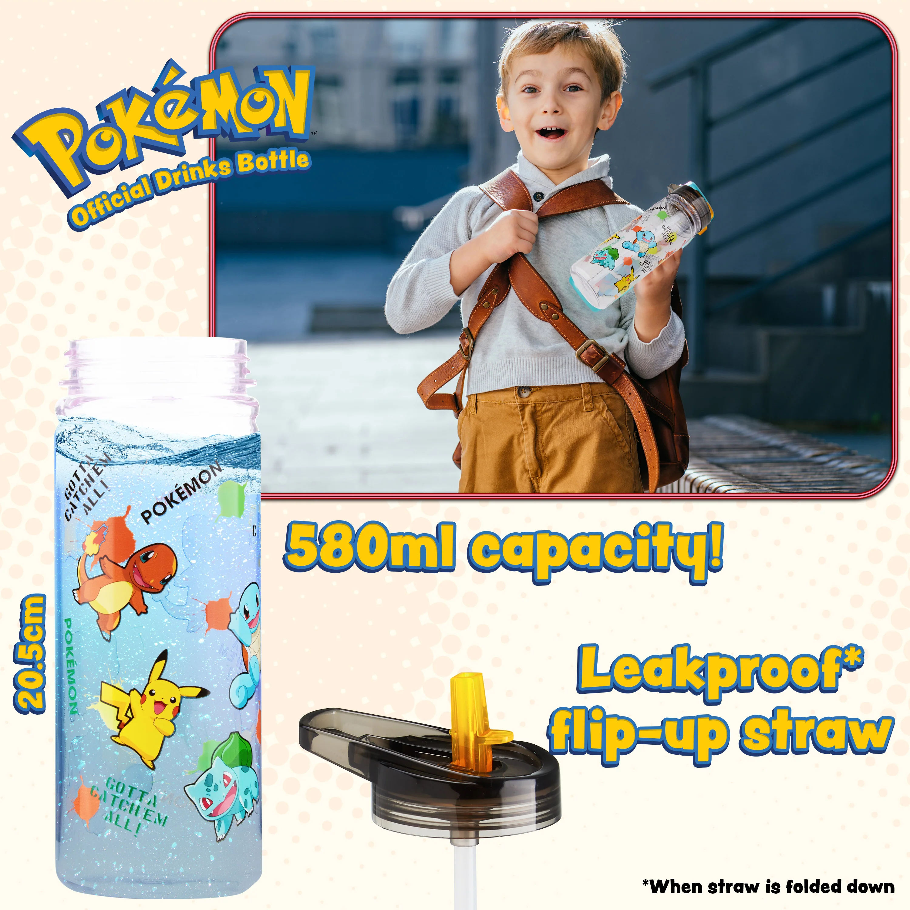 Pokemon Water Bottle with Straw, 580ml Plastic Kids Travel Drink Bottle - Image 3