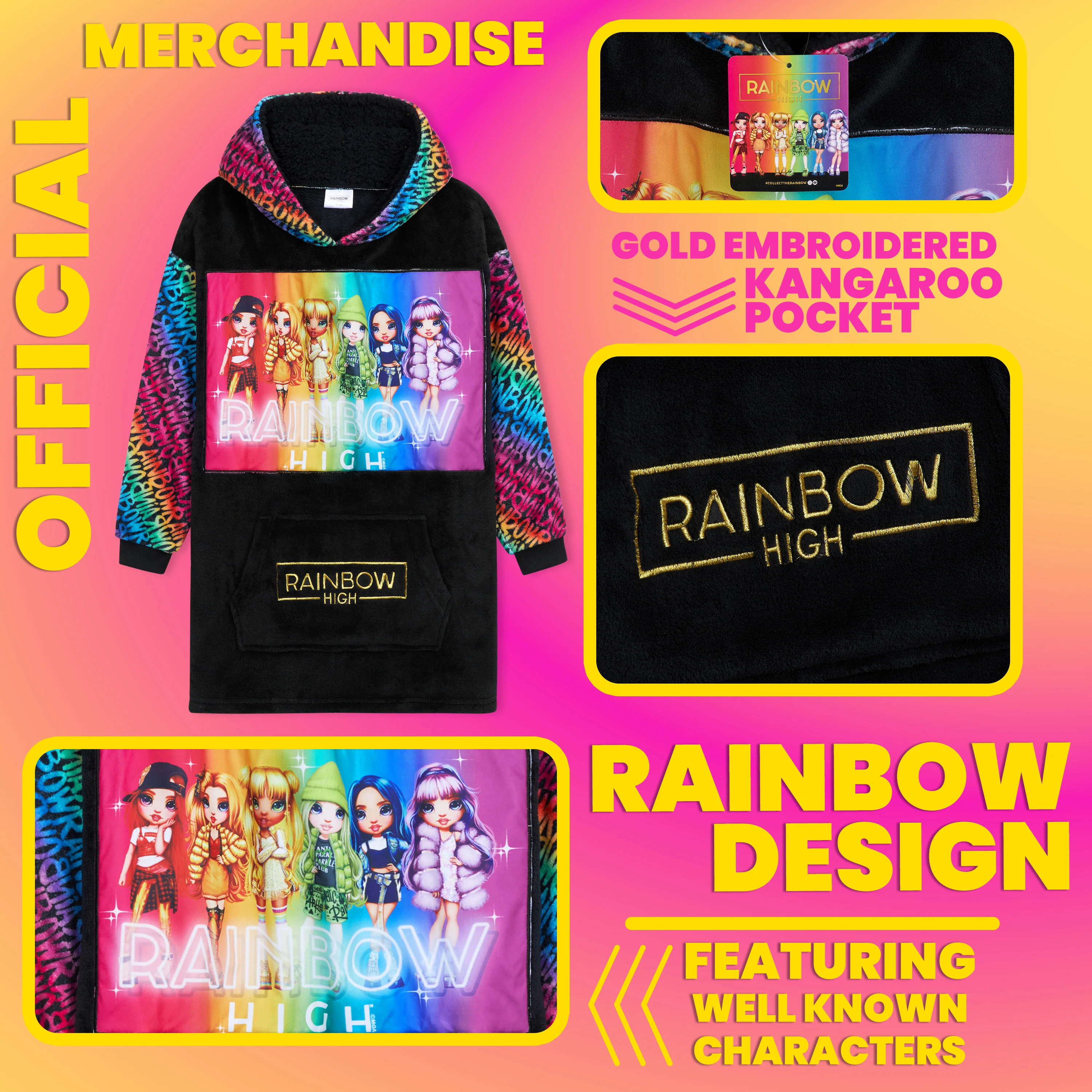 Rainbow High Fleece Hoodie Blanket for Girls , Rainbow High Hoodie - Image 5