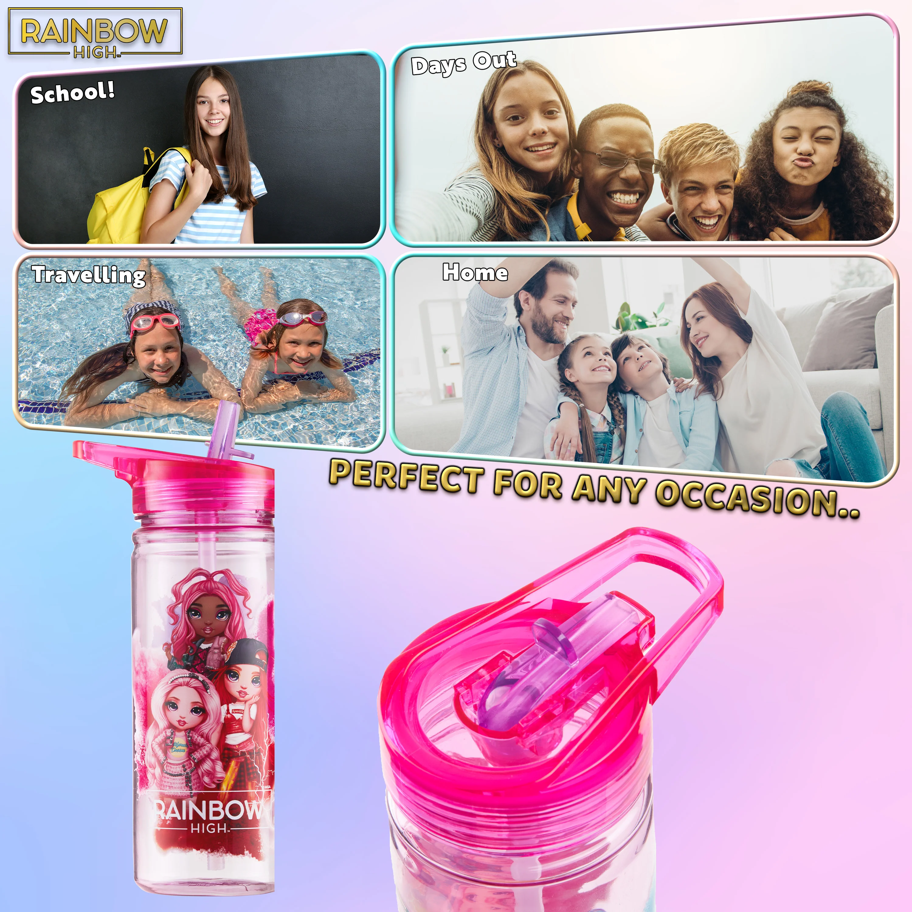 Rainbow High Water Bottle for Girls 580ml BPA Free Water Bottle With Straw - Image 5