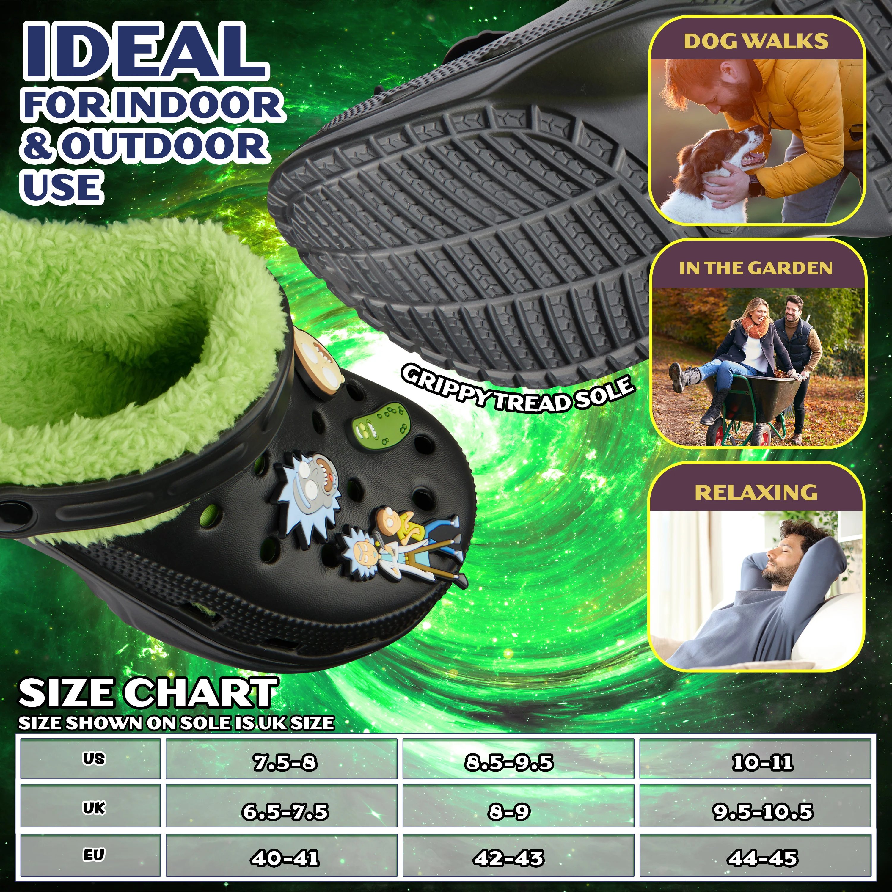 Rick and Morty Clogs Mens Winter Fleece Lining & Removable Charms - Warm Slip On Garden Shoes with Strap - Image 6