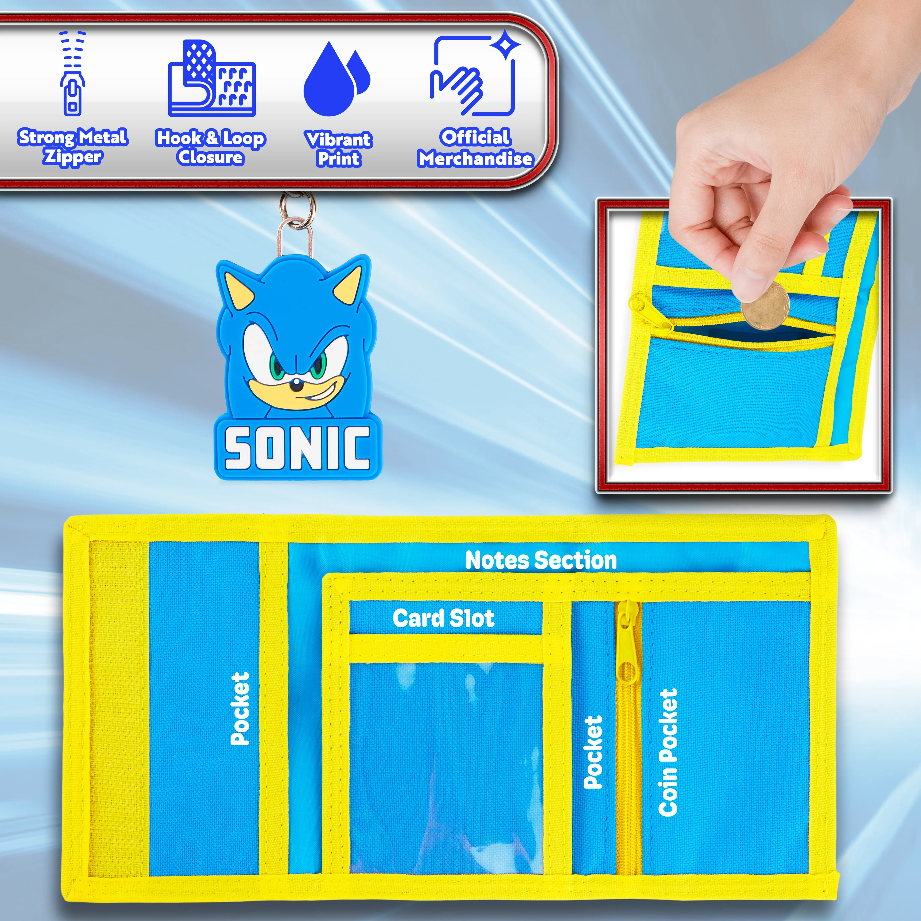 Sonic The Hedgehog Boys Wallet with Keyring for Kids - Card Slots and Zipped Coin Pocket - Image 4
