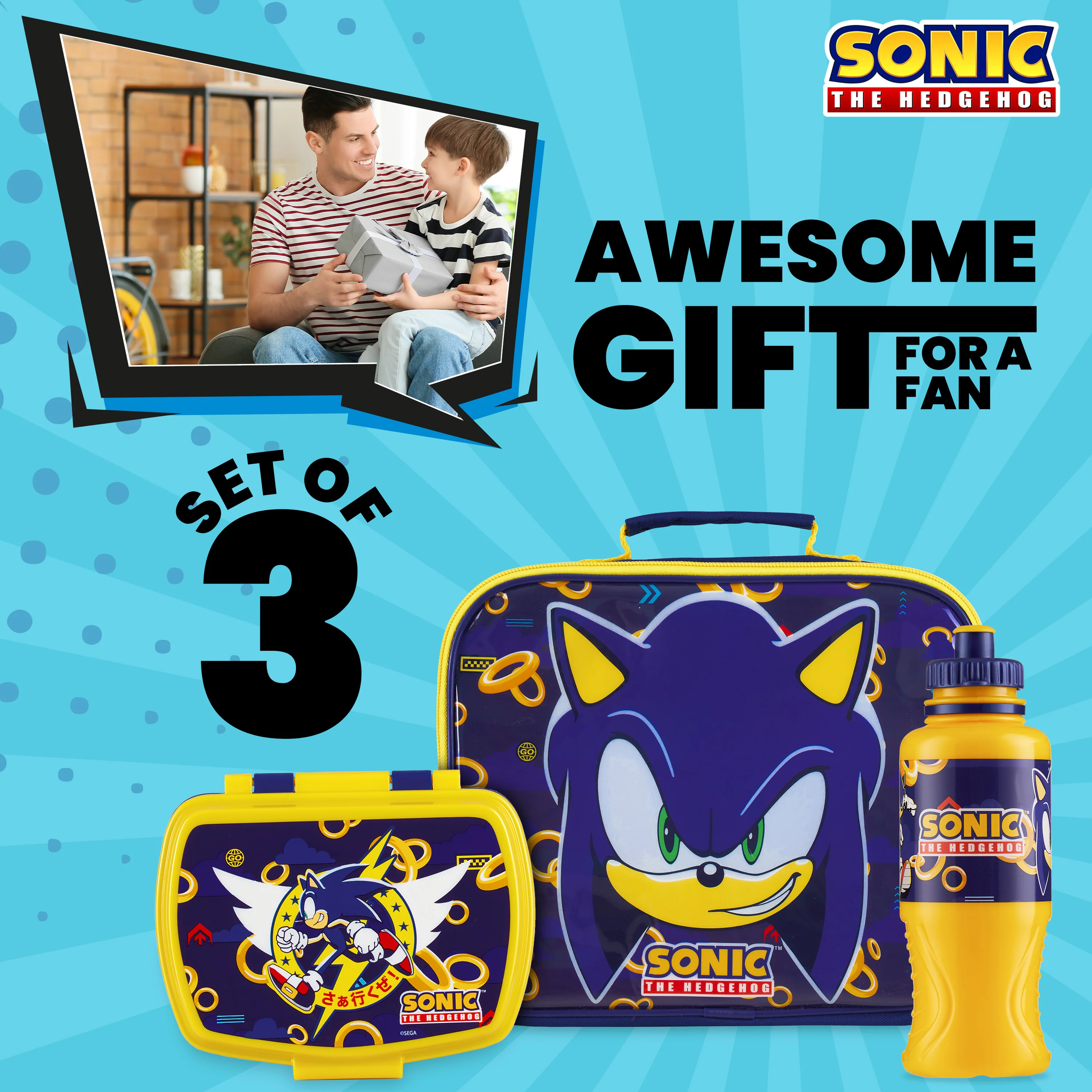 SONIC THE HEDGEHOG Kids Lunch Box 3 Piece Set Insulated Lunch Bag Snack Box 430ml Water Bottle BPA Free School Travel Official Merchandise - Image 3
