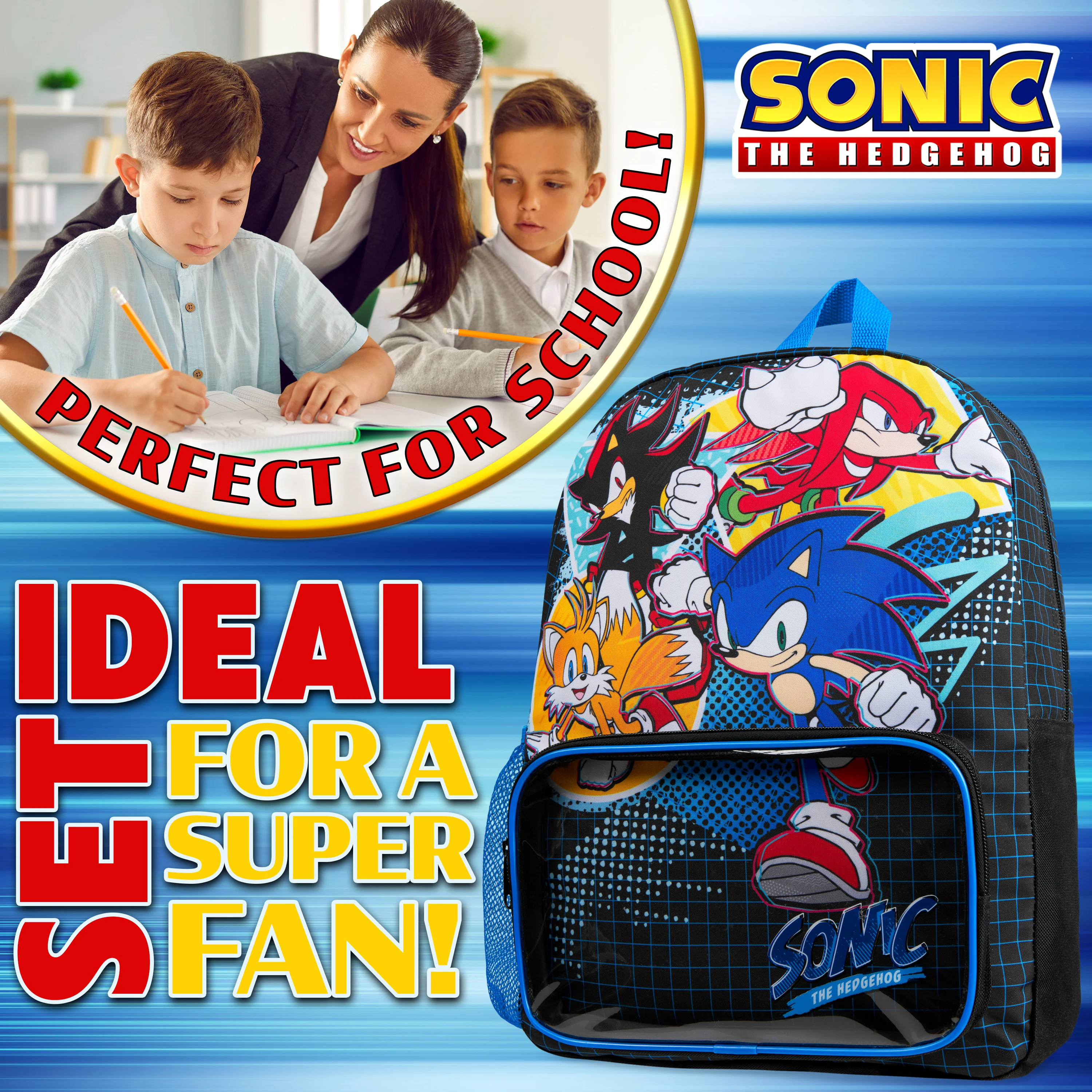 Sonic The Hedgehog School Bag Set, 4 Piece Set Backpack, Water Bottle & Accessories - Image 3