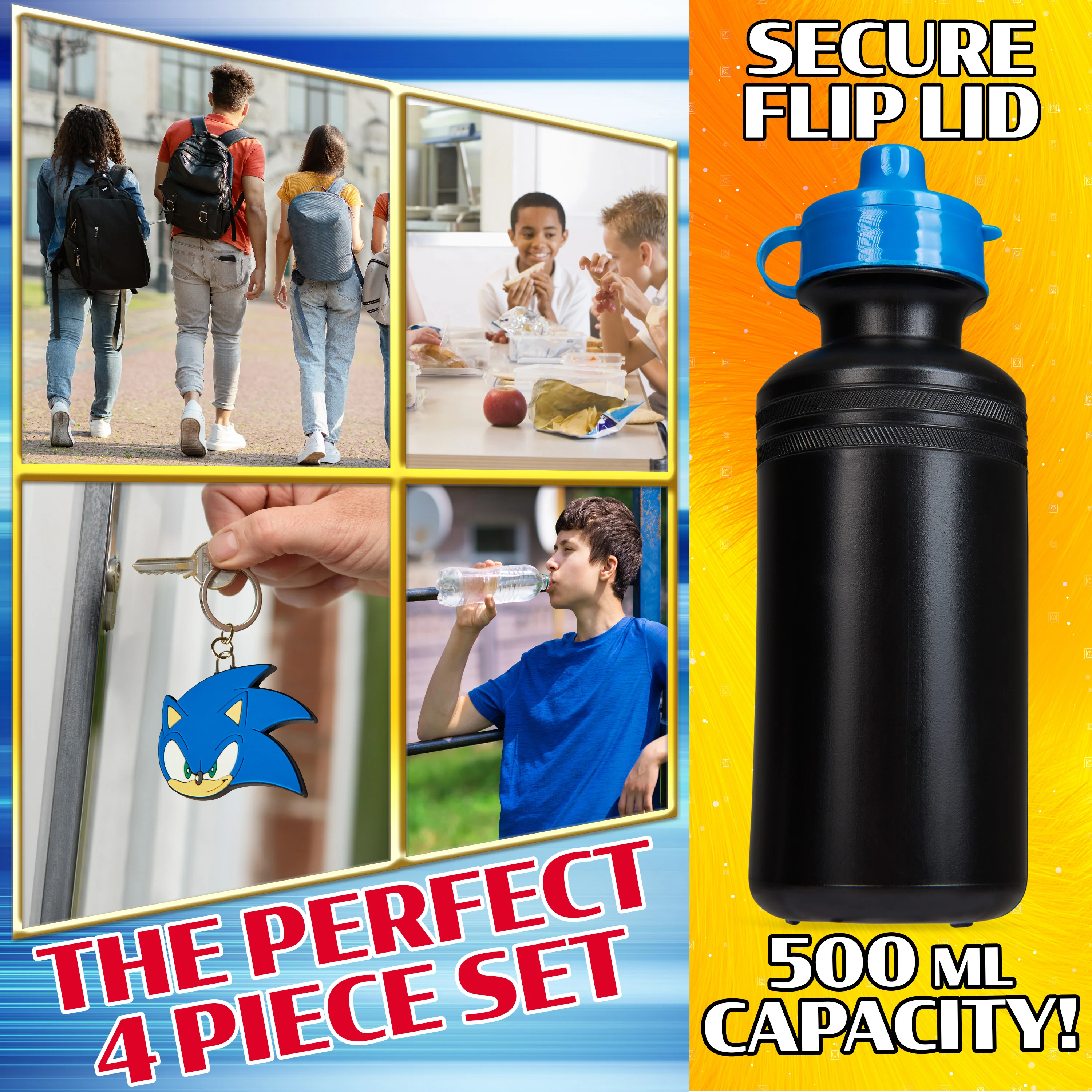 Sonic The Hedgehog School Bag Set, 4 Piece Set Backpack, Water Bottle & Accessories - Image 5
