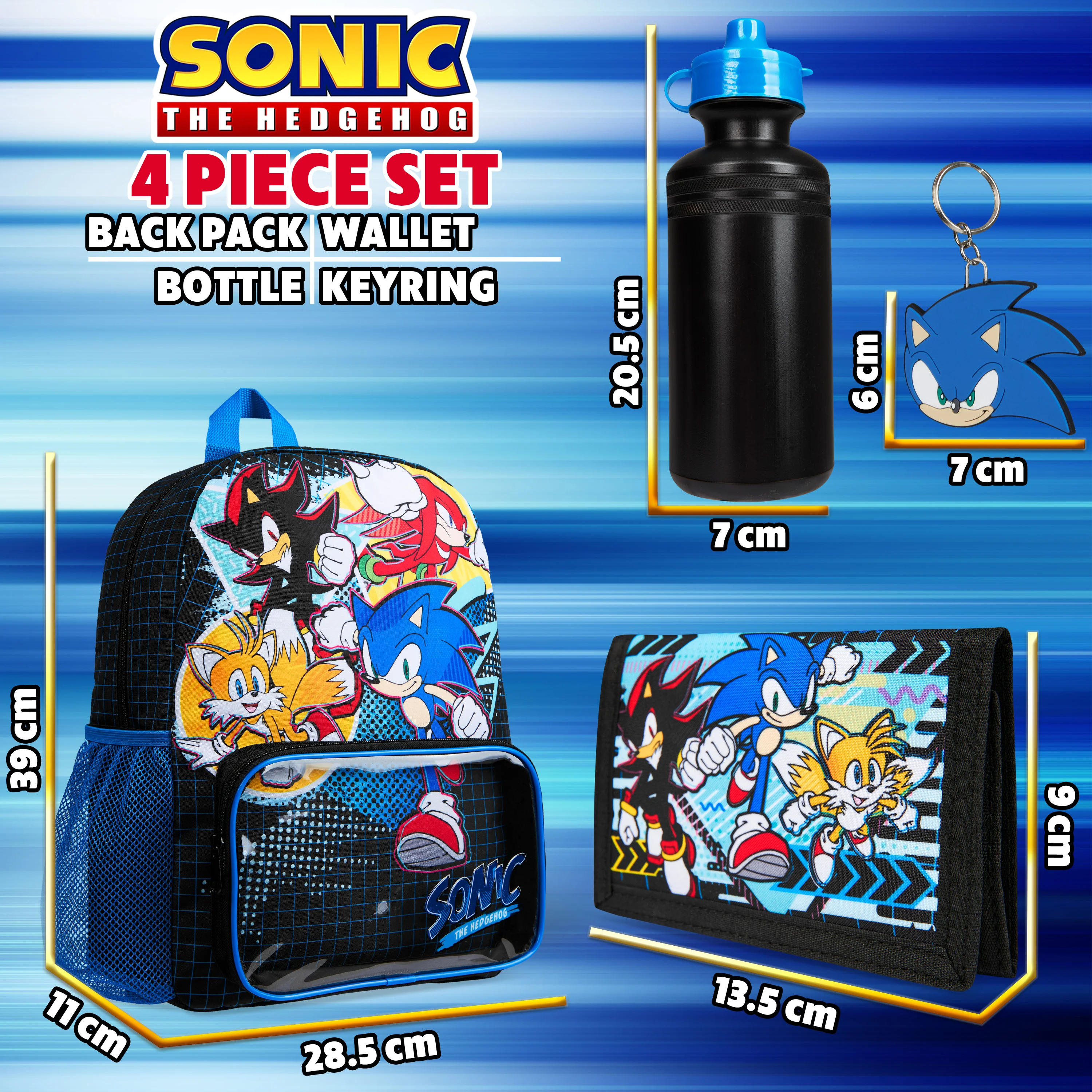 Sonic The Hedgehog School Bag Set, 4 Piece Set Backpack, Water Bottle & Accessories - Image 6