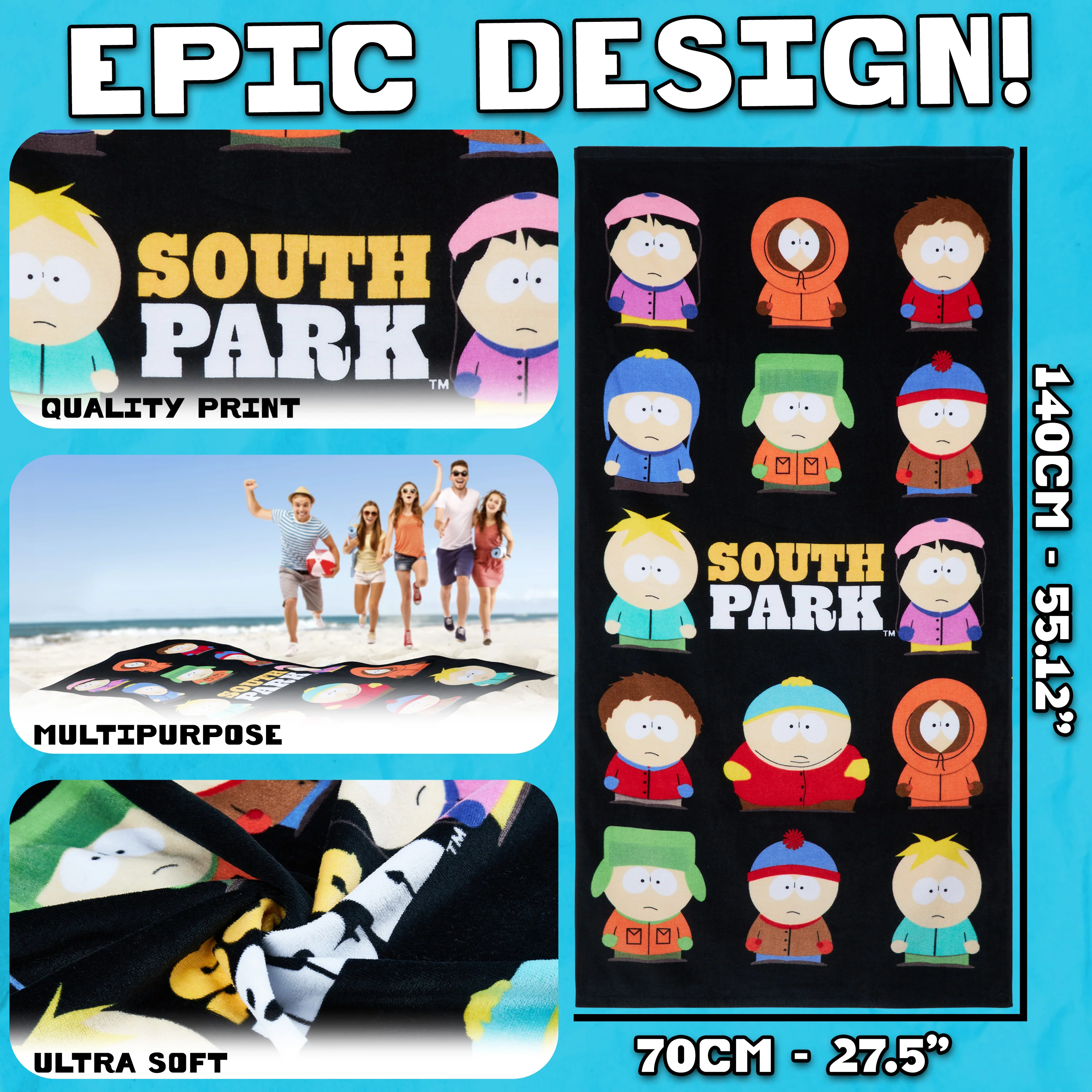 South Park Beach Towel for Adults Teens Soft Absorbent Bath Shower Gym Swimming Towel 100% Cotton Stan Kyle Cartman Kenny Holiday Essentials 140x70cm - Image 6