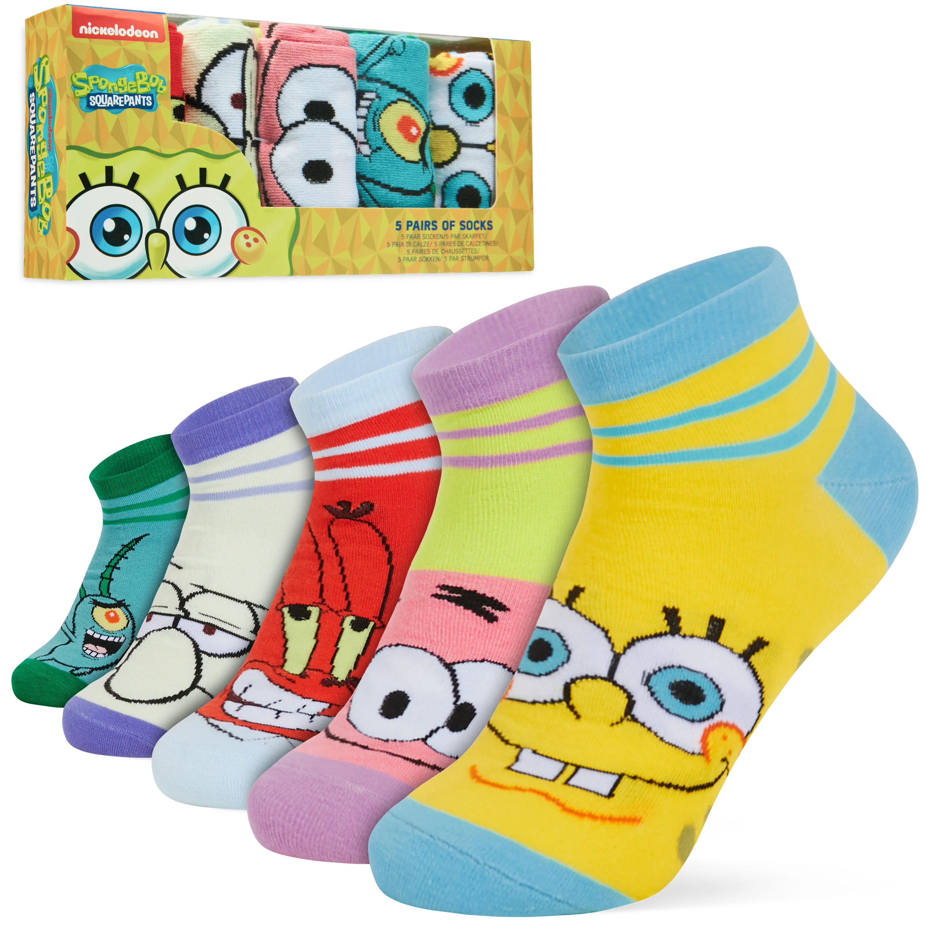 SPONGEBOB SQUAREPANTS Ankle Socks for Men & Teens 6.5-10.5, Pack of 5