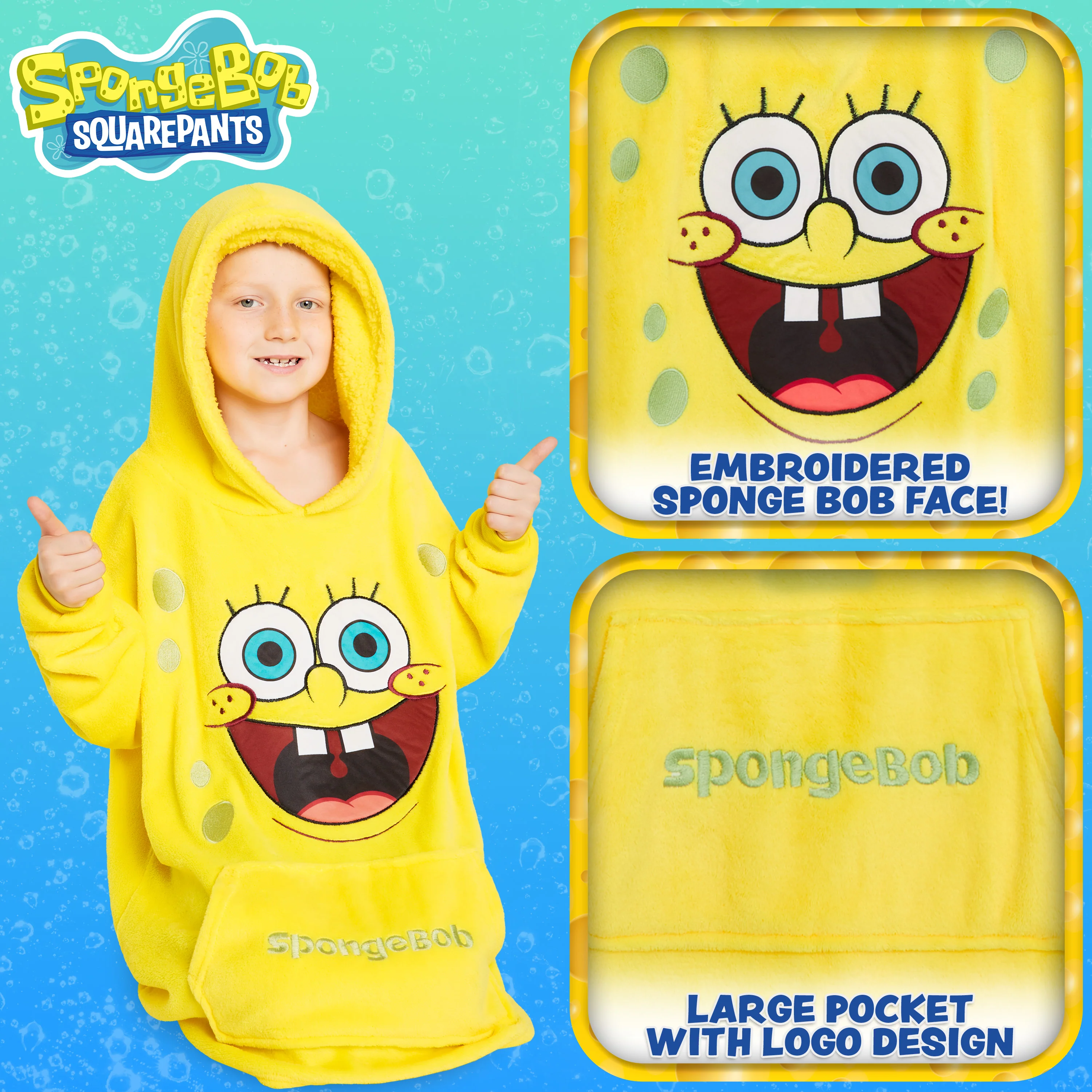 SPONGEBOB SQUAREPANTS Hoodie Blanket Kids Teenagers - Fleece Poncho One Size - Image 3