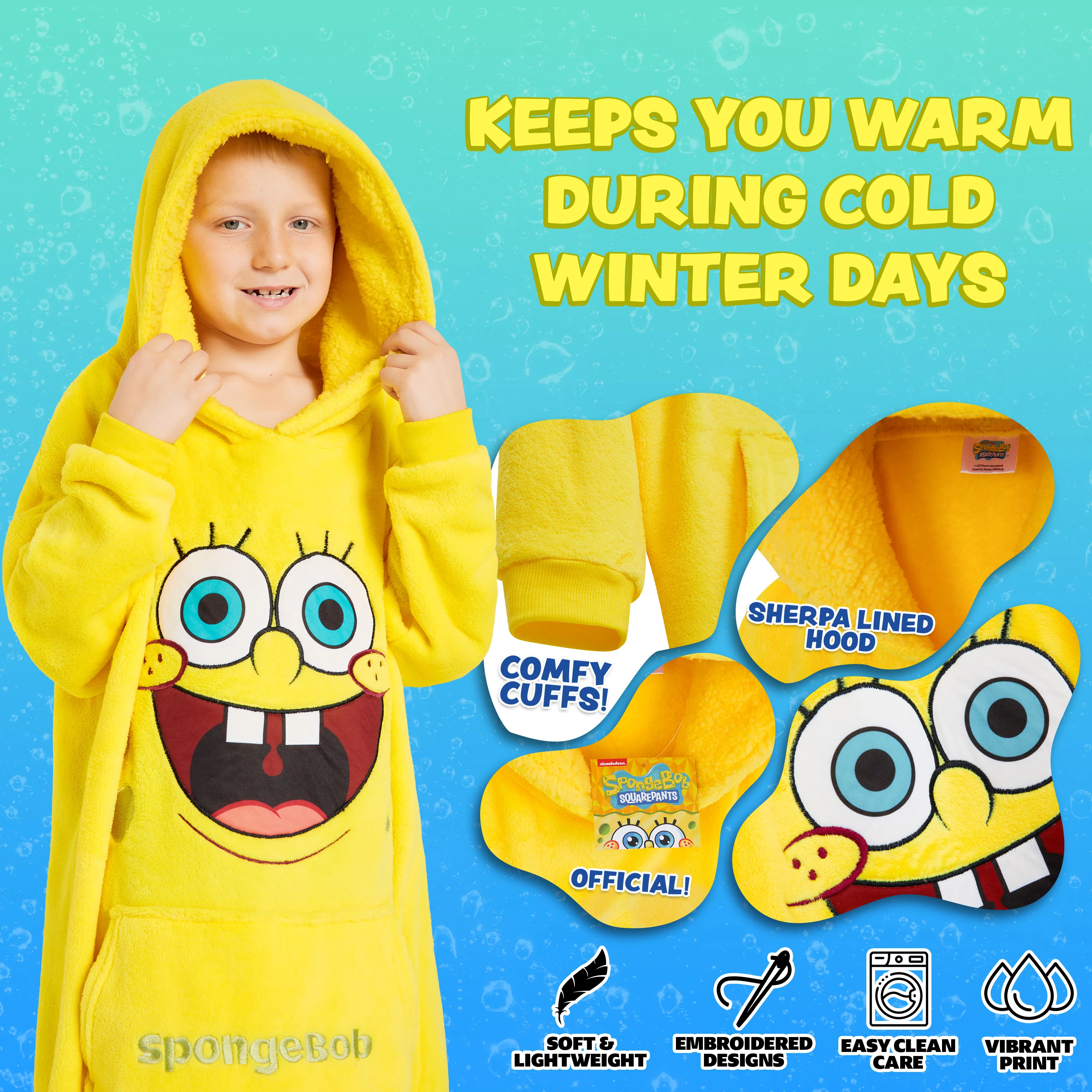 SPONGEBOB SQUAREPANTS Hoodie Blanket Kids Teenagers - Fleece Poncho One Size - Image 5