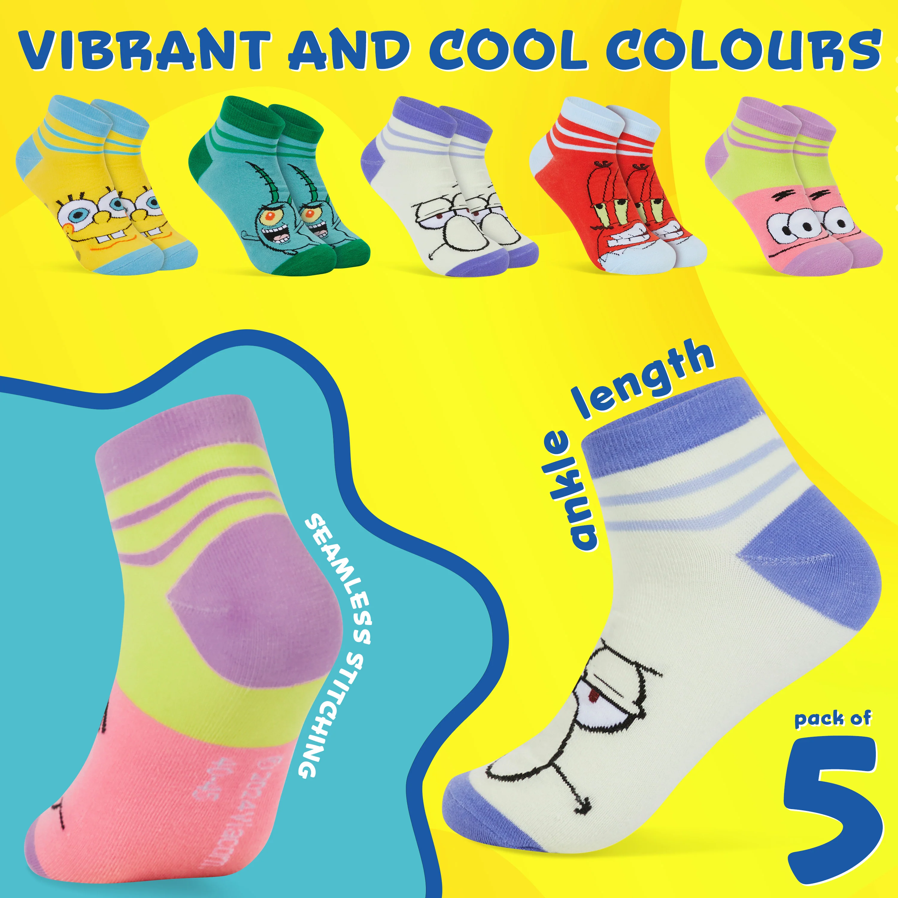 SPONGEBOB SQUAREPANTS Mens Ankle Socks, Soft and Breathable Socks Pack of 5 - Image 5