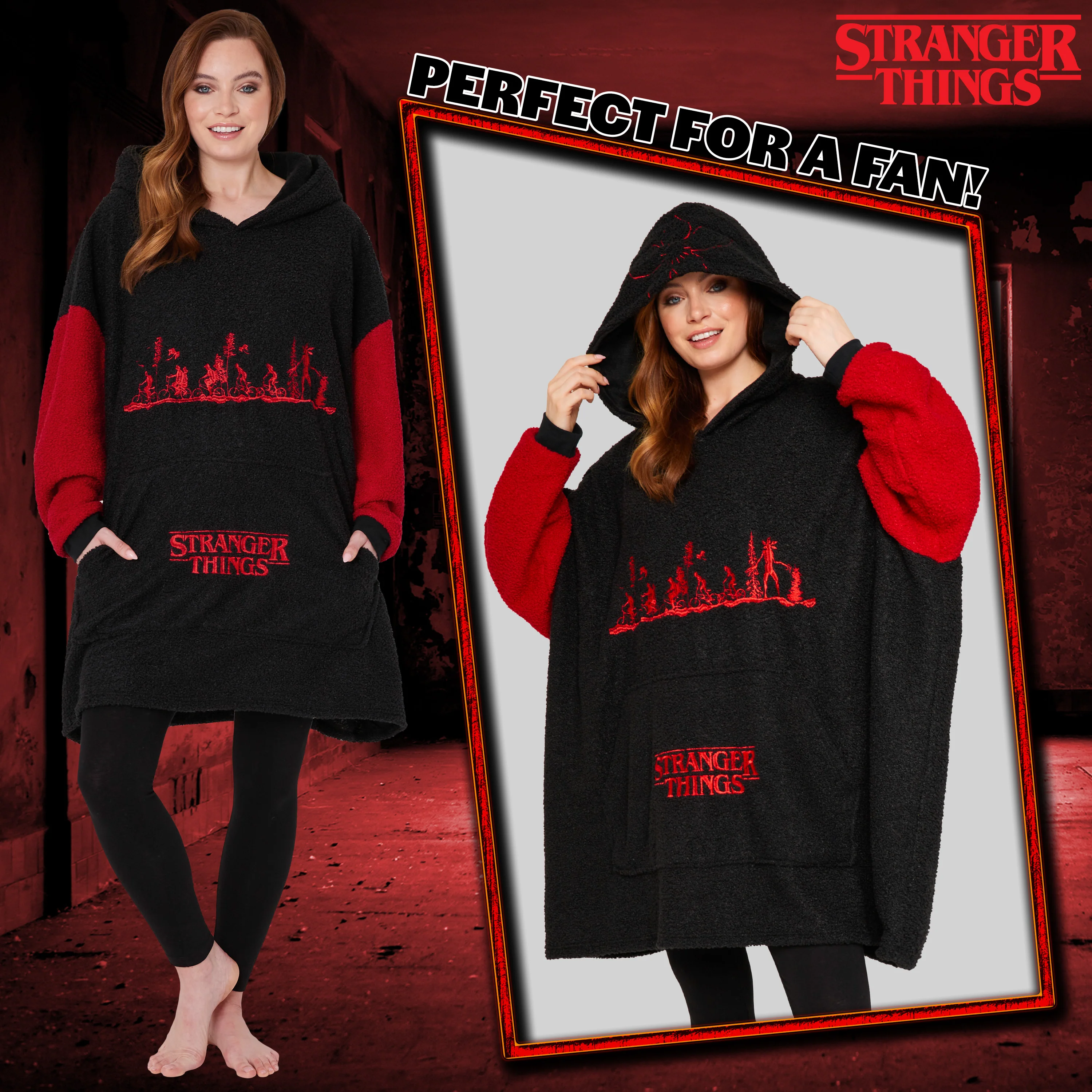 Stranger Things Blanket Hoodie for Men & Women - Black/Red - Image 2