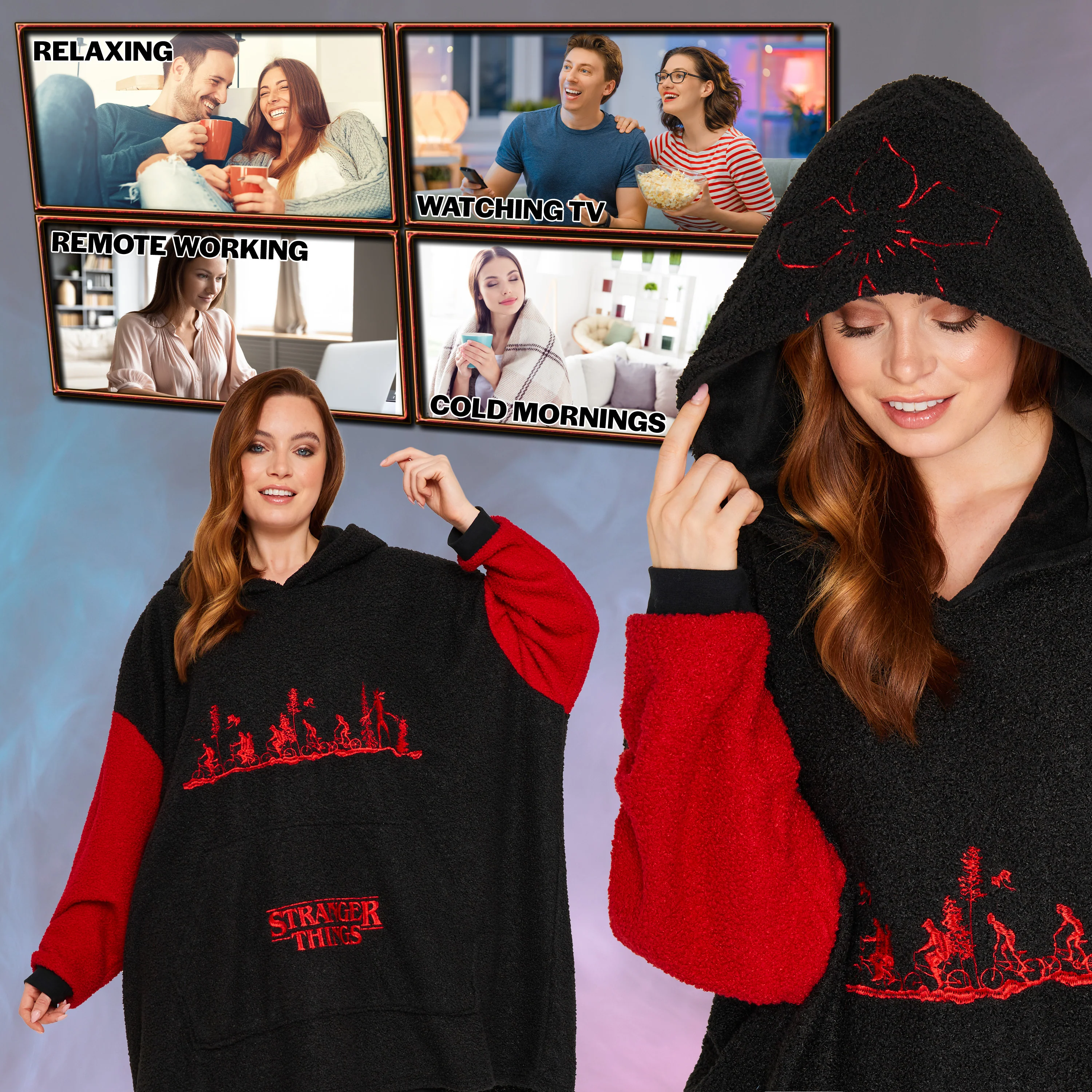 Stranger Things Blanket Hoodie for Men & Women - Black/Red - Image 3
