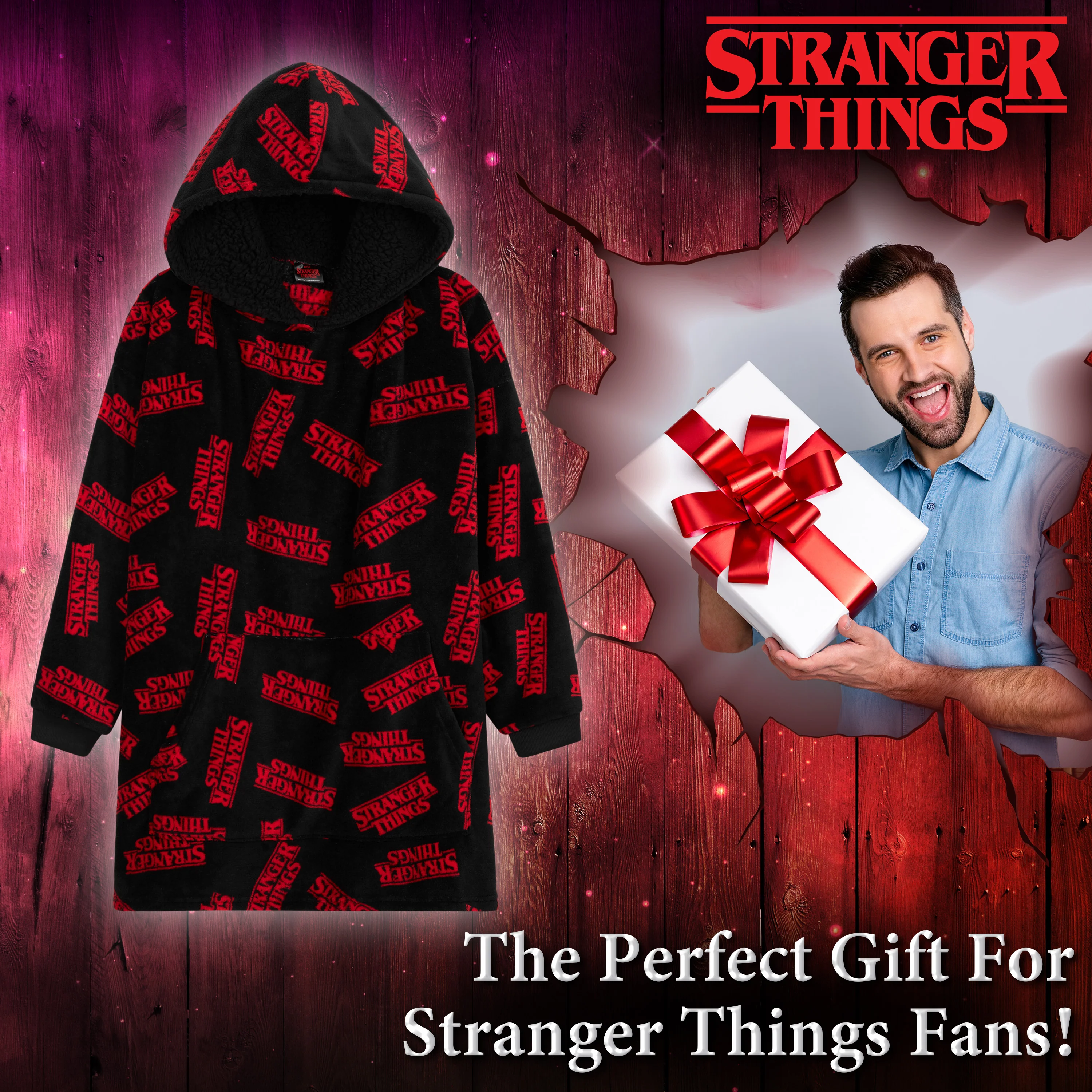 Stranger Things Blanket Hoodie for Men & Women - Black & Red - Image 3
