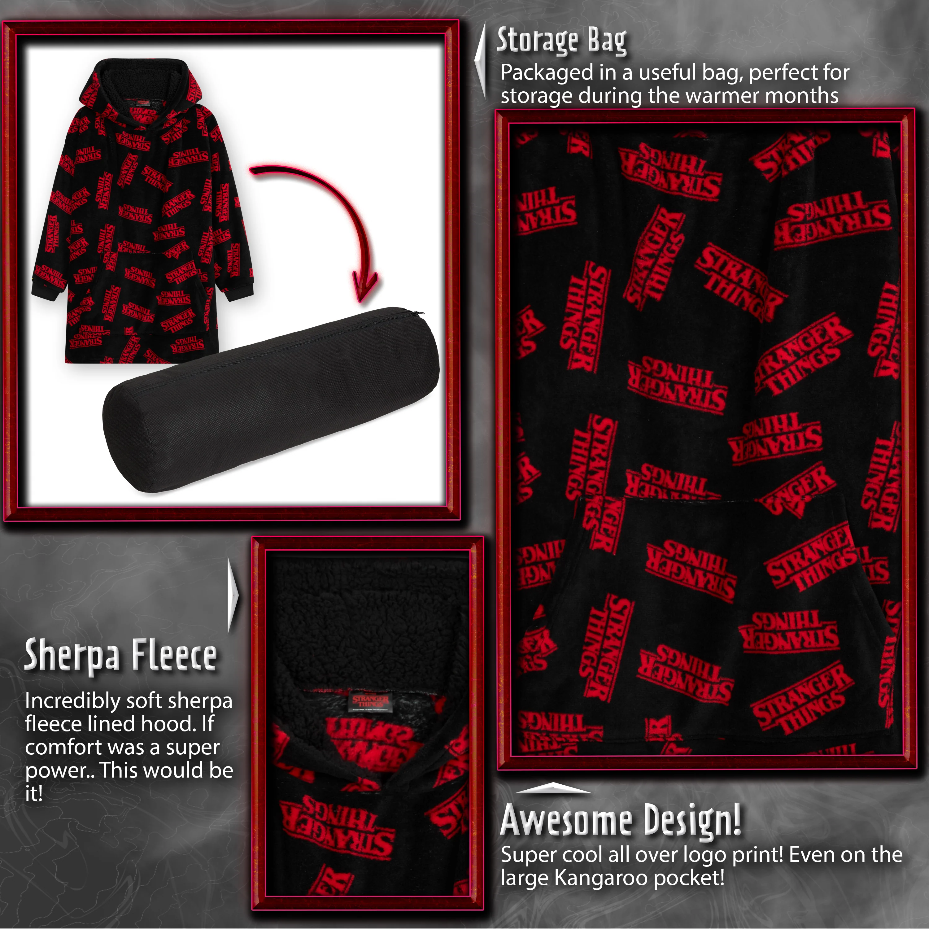Stranger Things Blanket Hoodie for Men & Women - Black & Red - Image 4