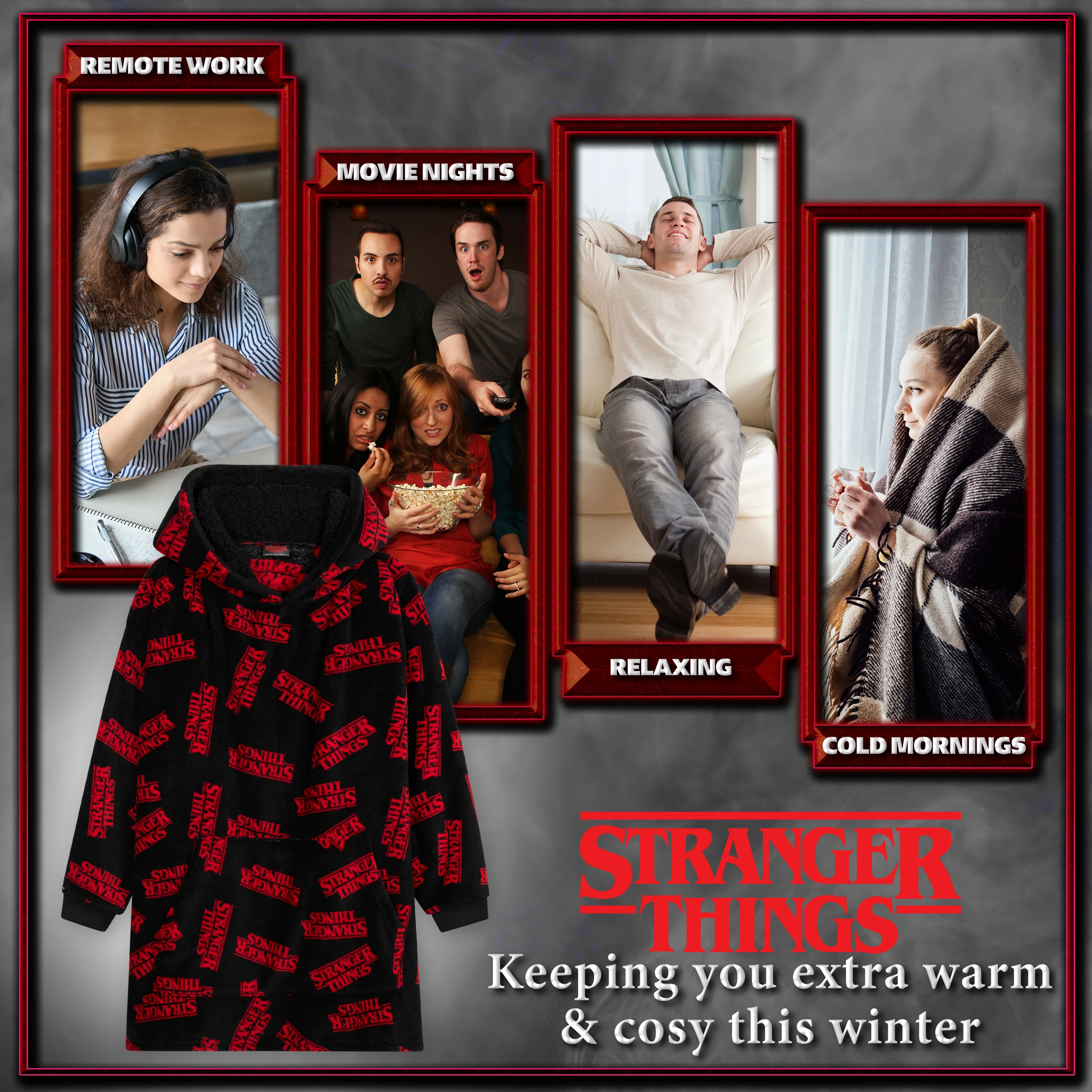 Stranger Things Blanket Hoodie for Men & Women - Black & Red - Image 5