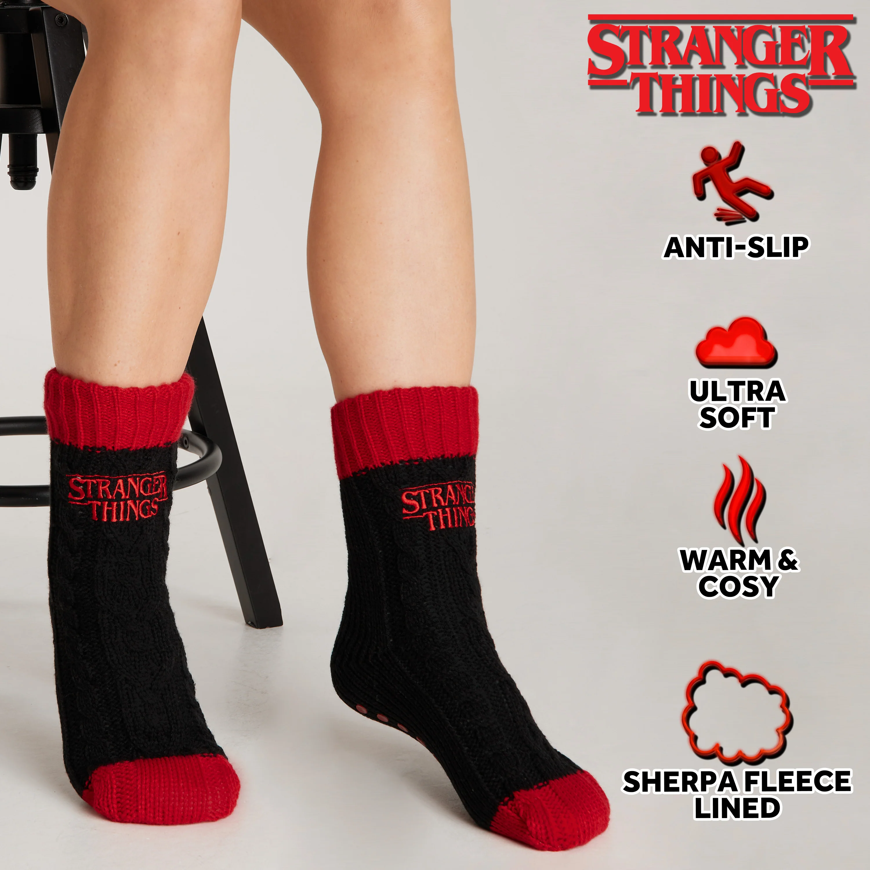 Stranger Things Fluffy Socks for Women and Teenagers - Black & Red - Image 5