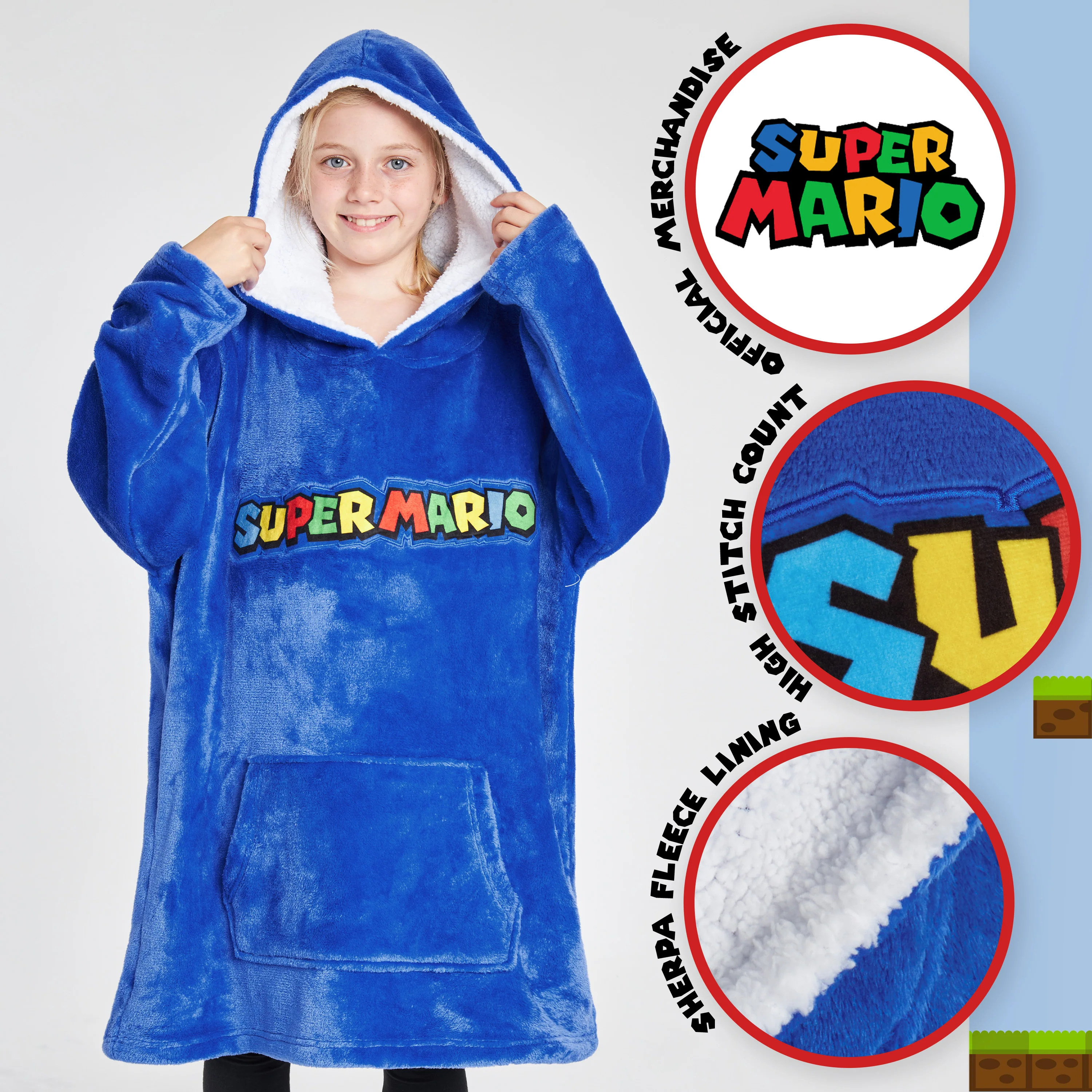 Super Mario Blue Hoodie For Boys, Fleece Oversized Hoodie Blanket for Kids - Image 3