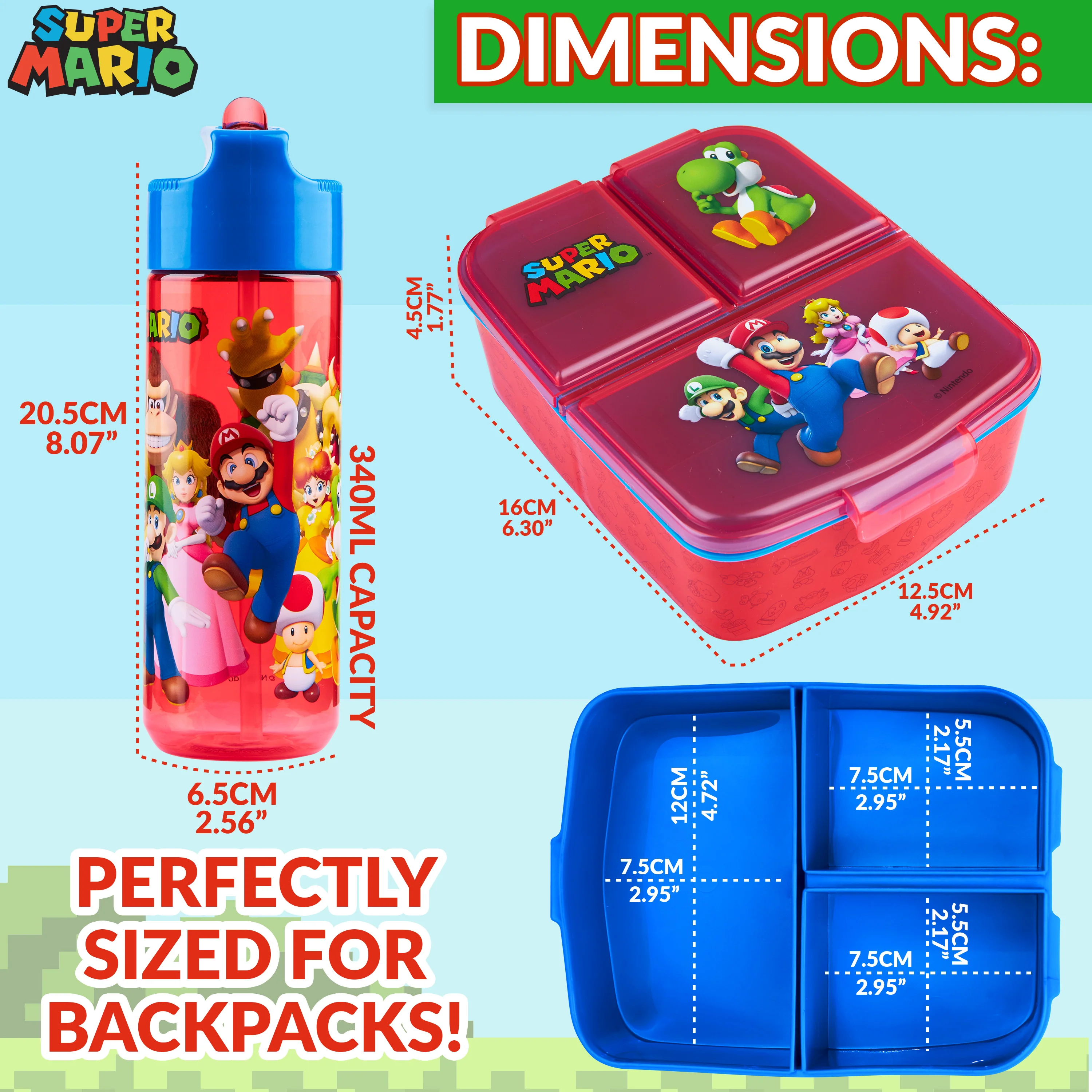 Super Mario Kids Lunchbox with Compartments & Water Bottle, School, Day Trips - Image 6