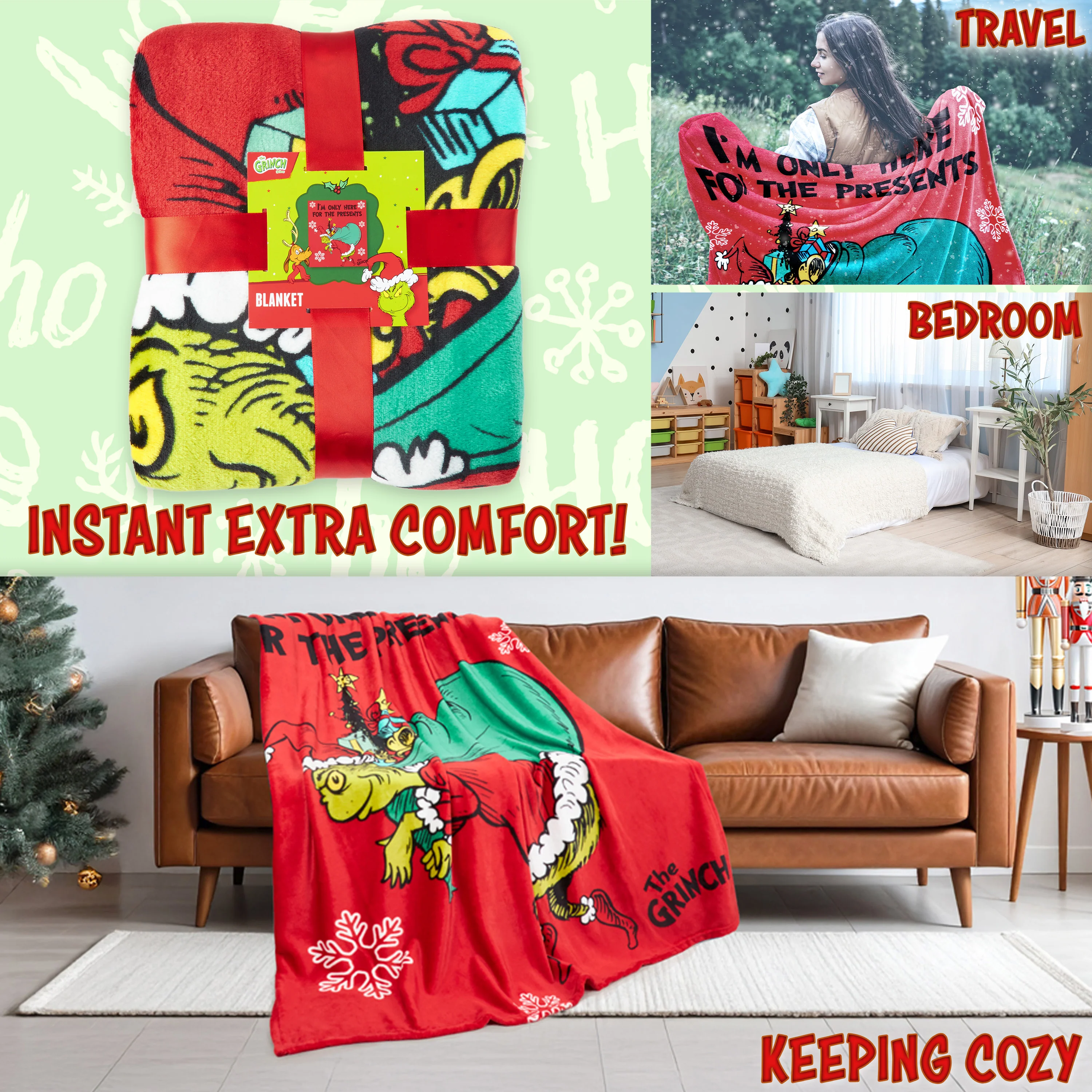 The Grinch Blanket Soft Cosy Christmas Fleece Hooded Blanket Throw Festive Bedroom Decor Plush Fleece Blanket Comforter for Bedroom Travel, Xmas Gifts (Green) - Image 5