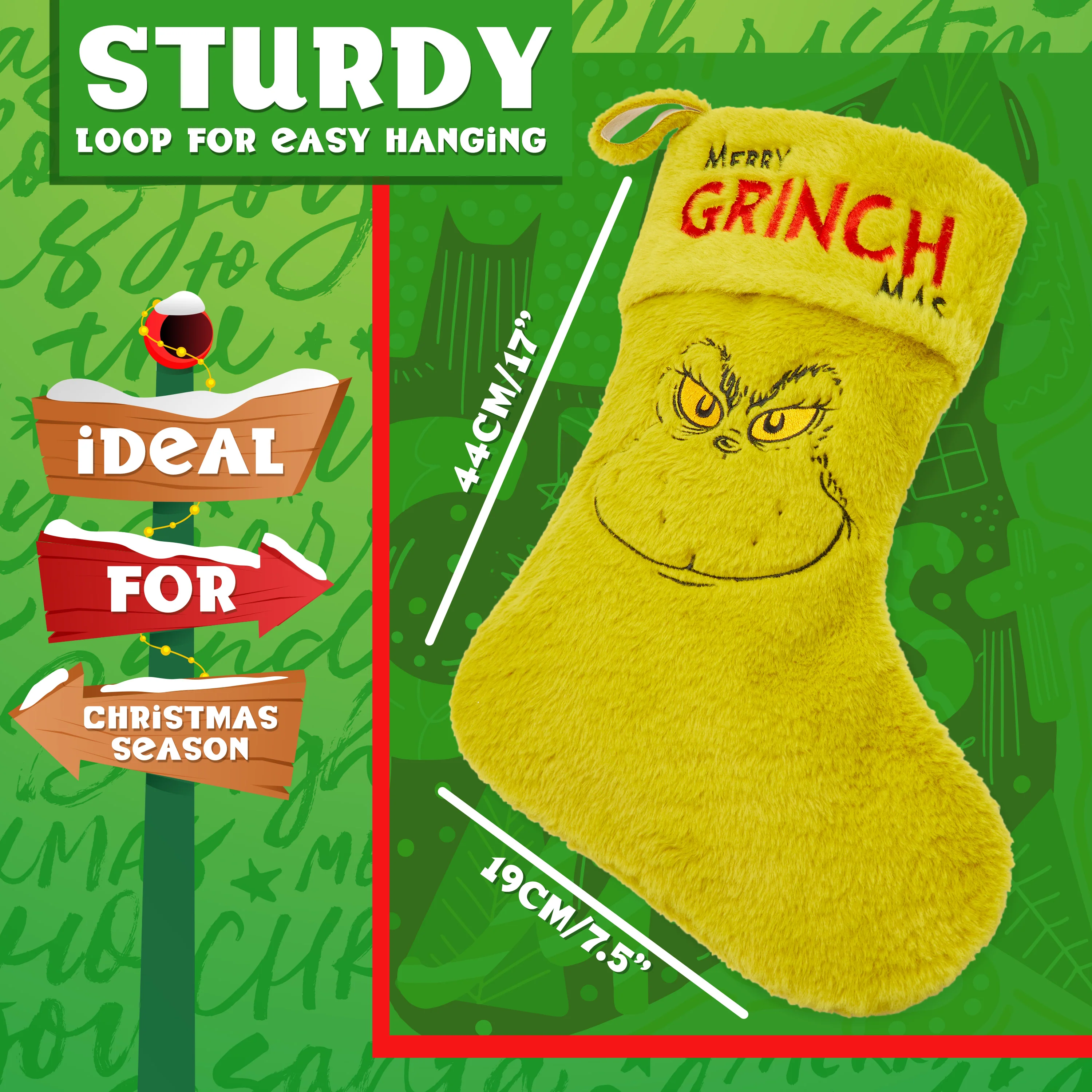 The Grinch Fluffy Christmas Stocking, Funny Festive Hanging Xmas Decor 44cm - Image 5
