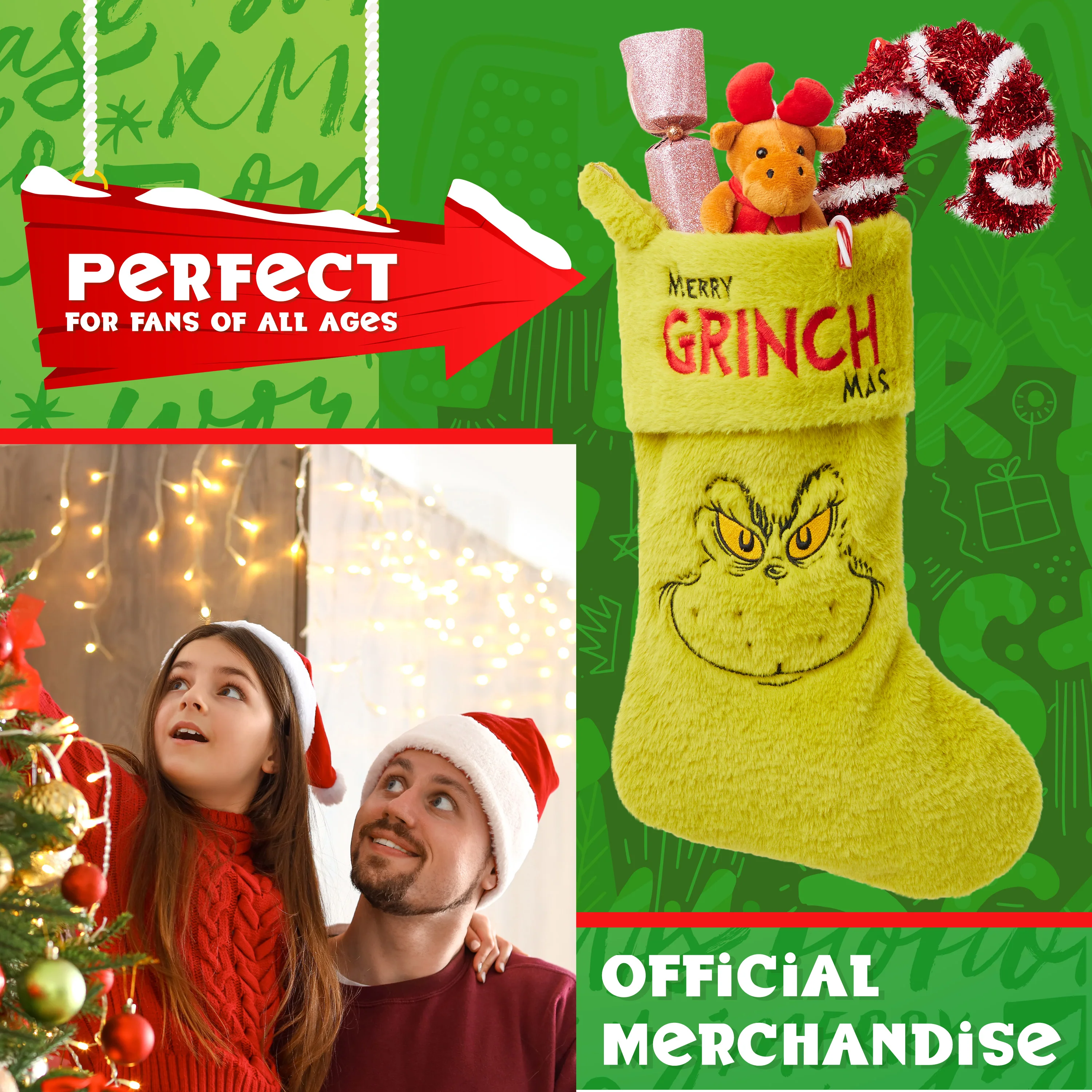 The Grinch Fluffy Christmas Stocking, Funny Festive Hanging Xmas Decor 44cm - Image 6