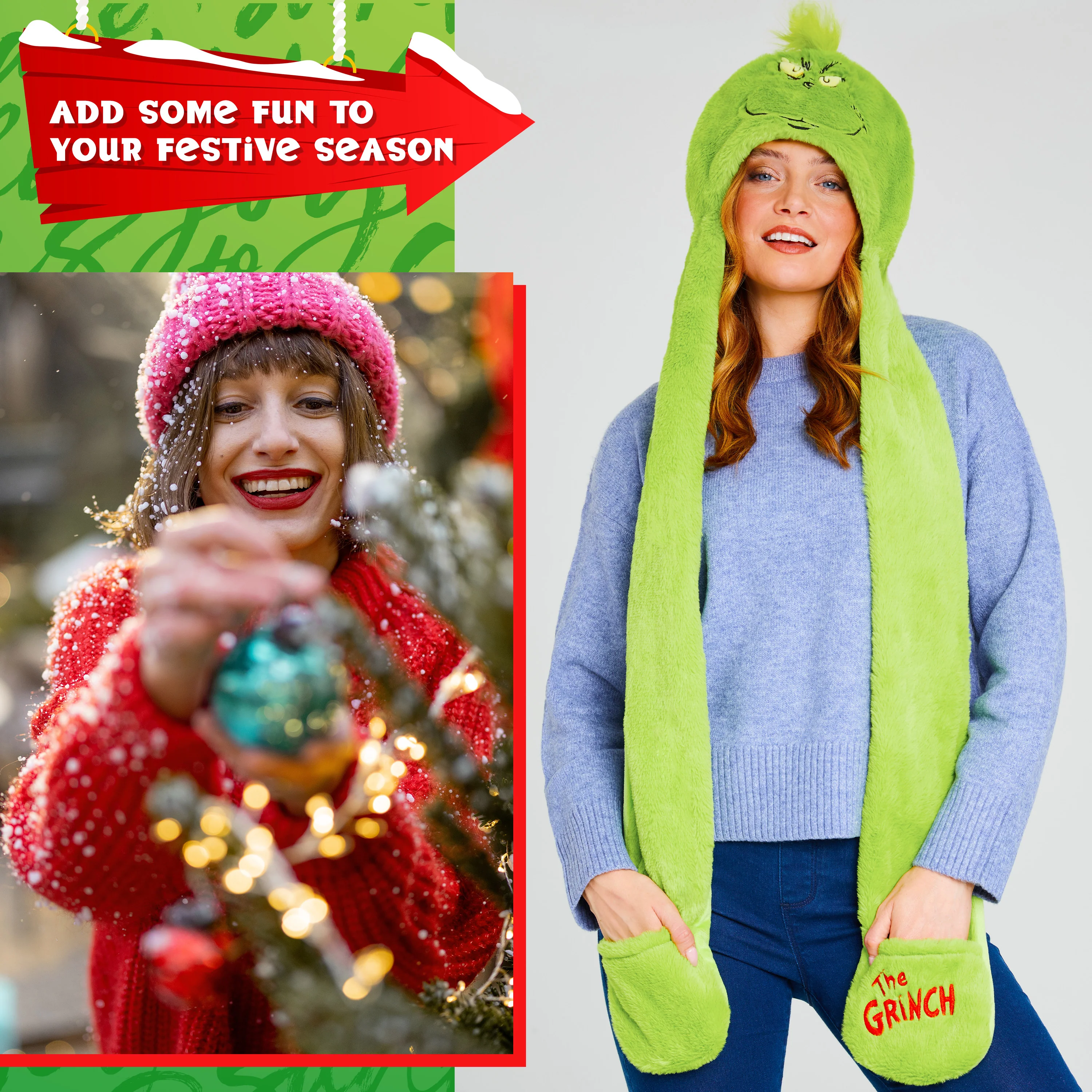The Grinch Hat Scarf and Gloves Ladies Winter Accessories, Funny Hat Hand Warmer Long Hat Mitten - Gifts for Her - Image 3