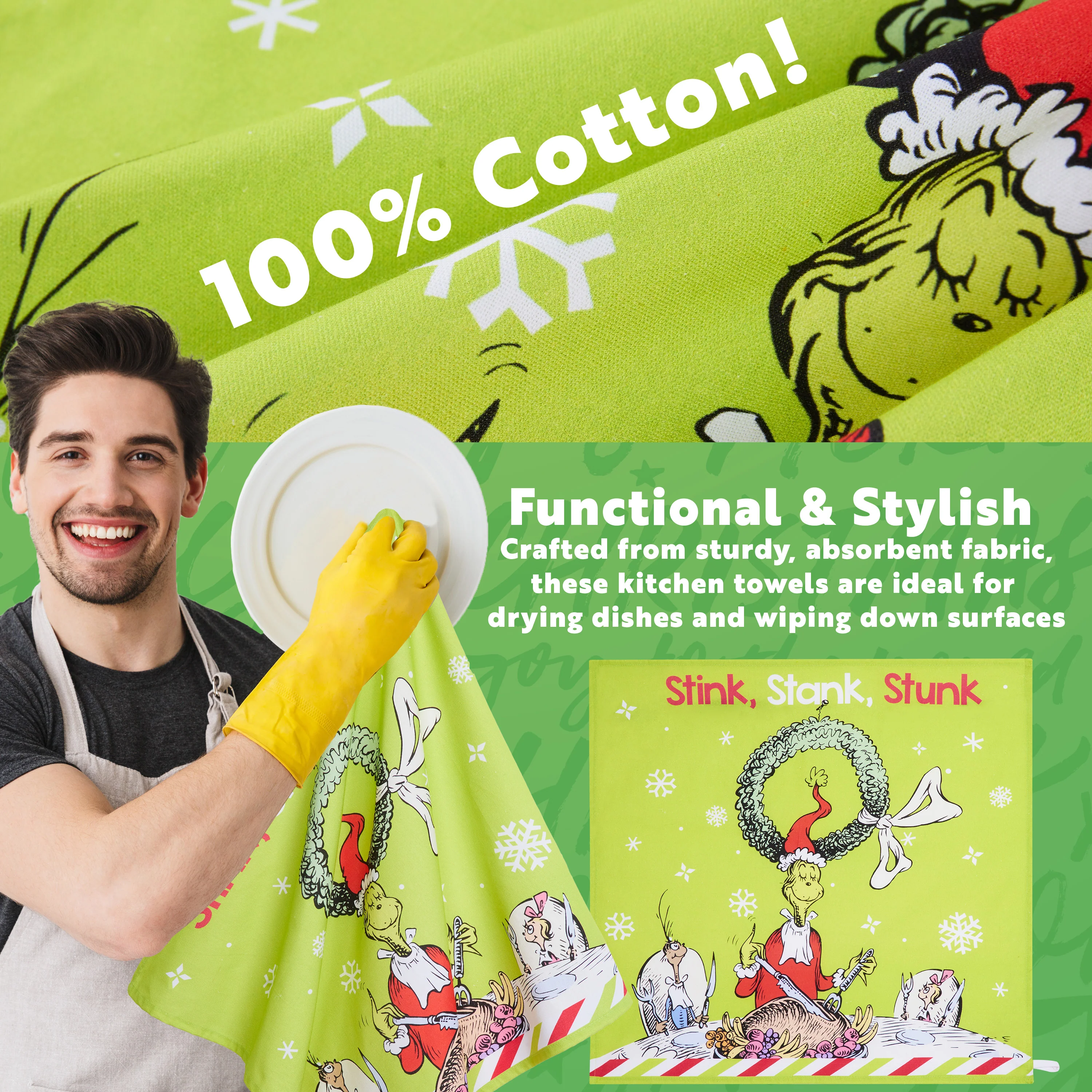 The Grinch Kitchen Towel Pack of 2, Christmas Dish Cloth Funny Tea Towel Washing Up Cotton Hand Cloth Kitchen Accessories - Image 4