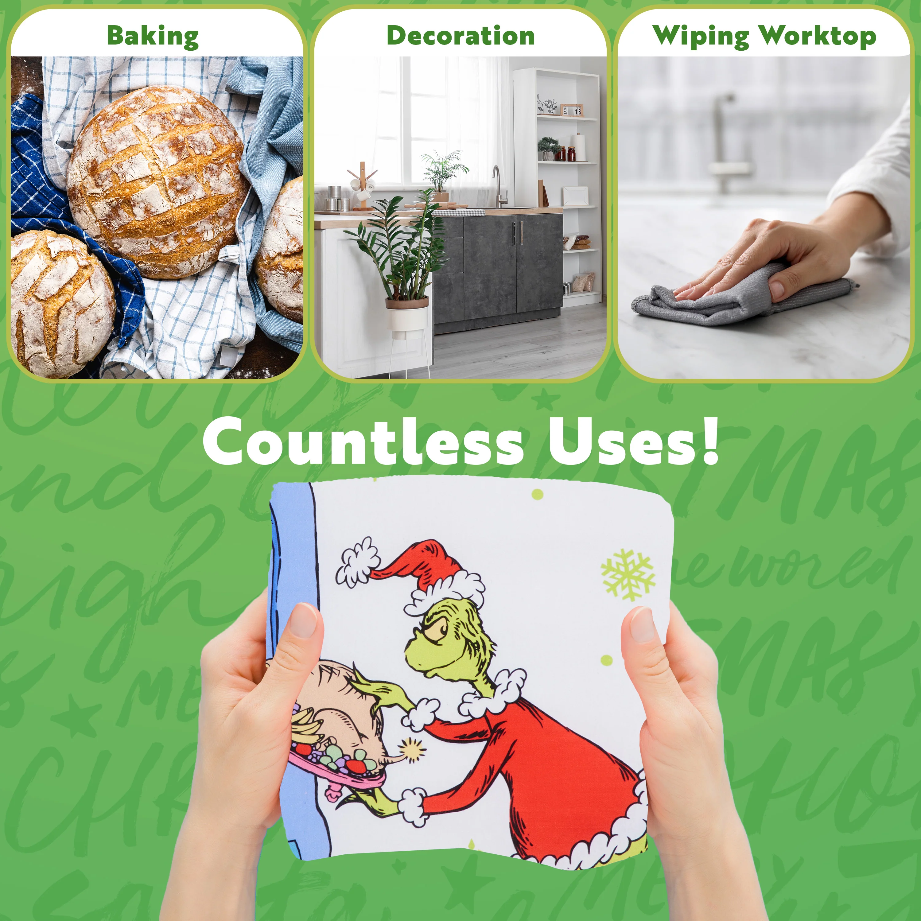 The Grinch Kitchen Towel Pack of 2, Christmas Dish Cloth Funny Tea Towel Washing Up Cotton Hand Cloth Kitchen Accessories - Image 5