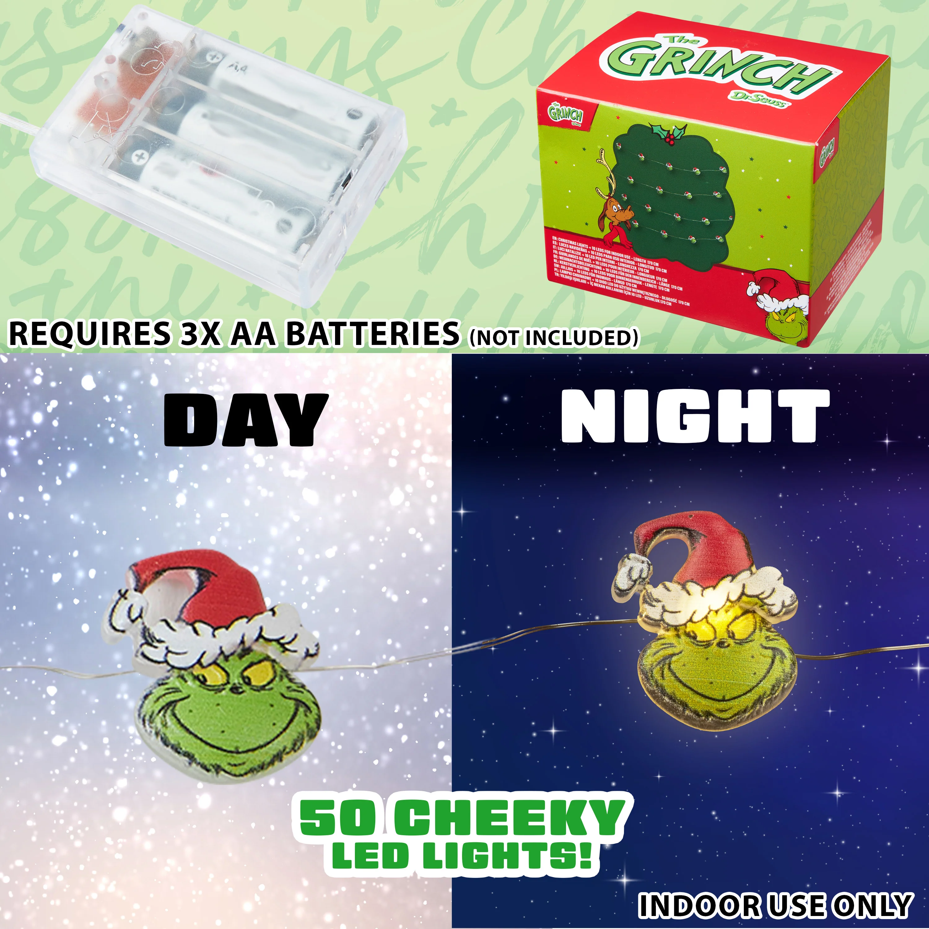 The Grinch LED Christmas String Lights, Battery Operated 170cm Fairy Lights (Green 2D) - Image 3