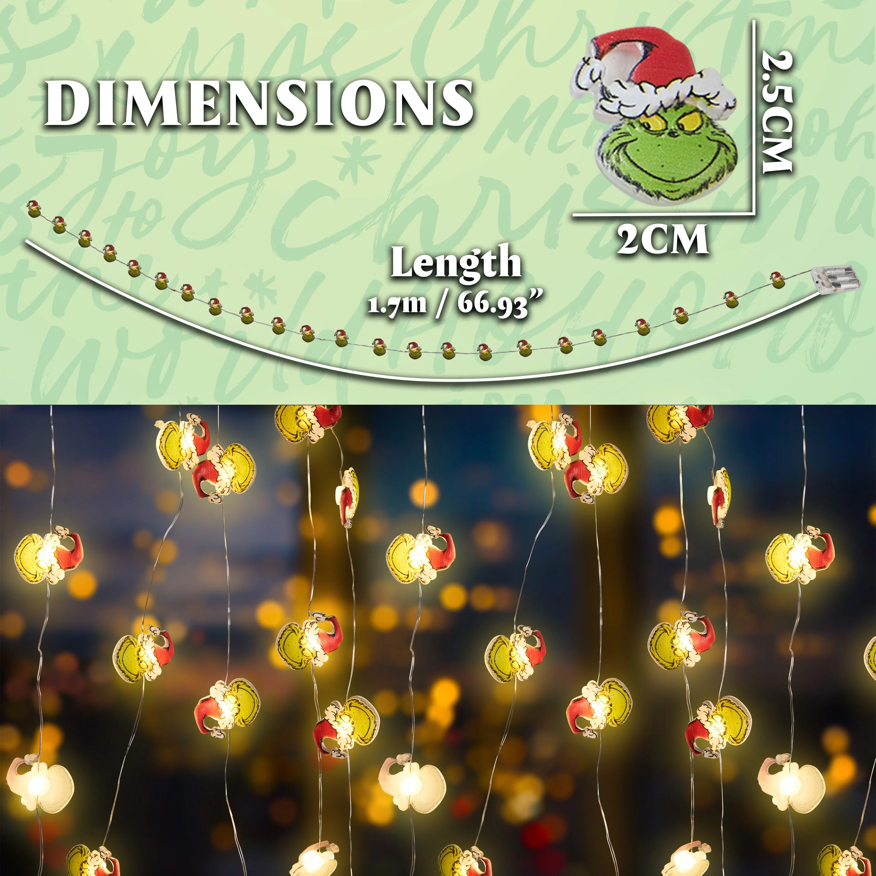 The Grinch LED Christmas String Lights, Battery Operated 170cm Fairy Lights (Green 2D) - Image 6