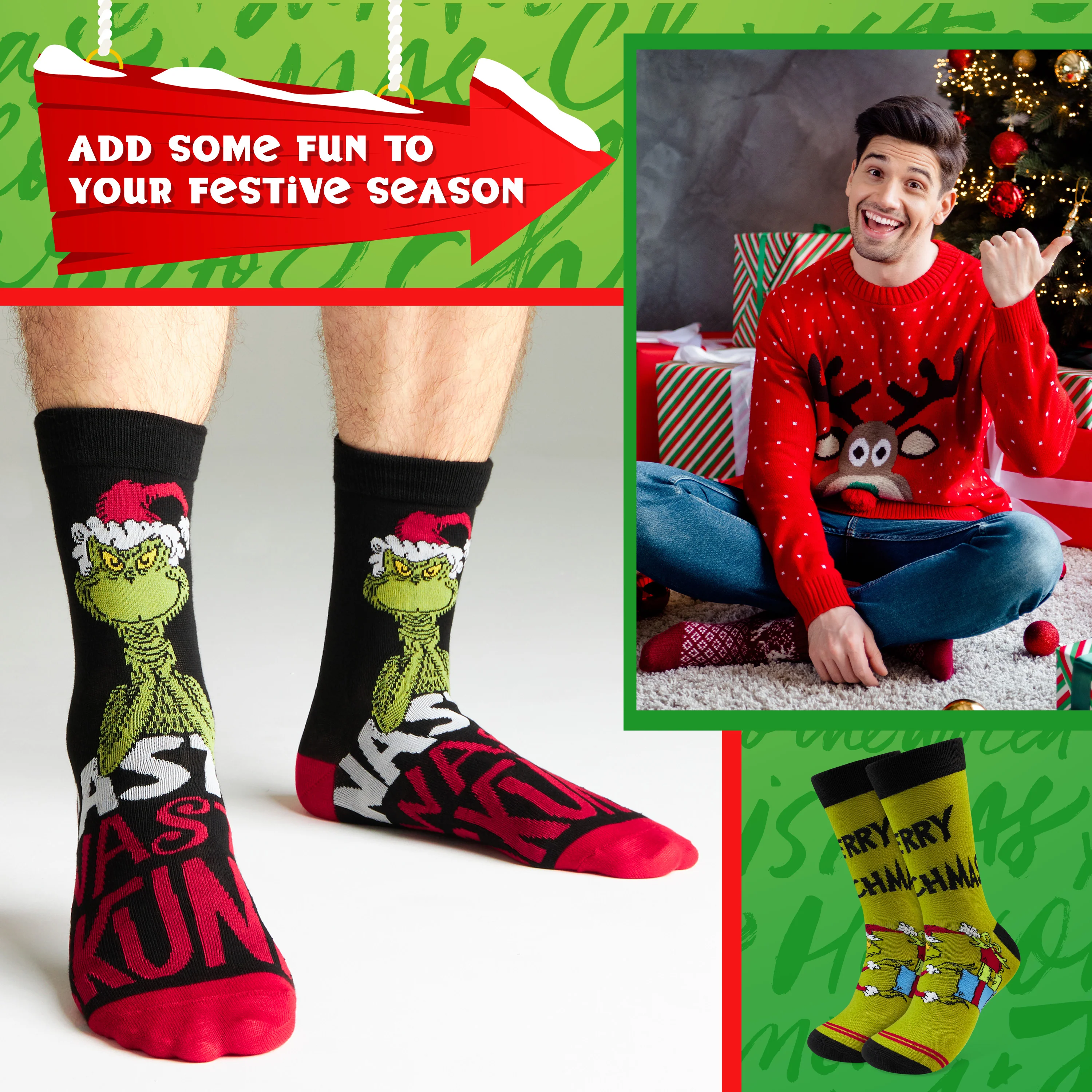 The Grinch Socks Men Multipack Calf Length Socks Teenagers Soft Breathable Funny Cute Christmas Gifts Secret Santa Stocking Stuffers - Image 3