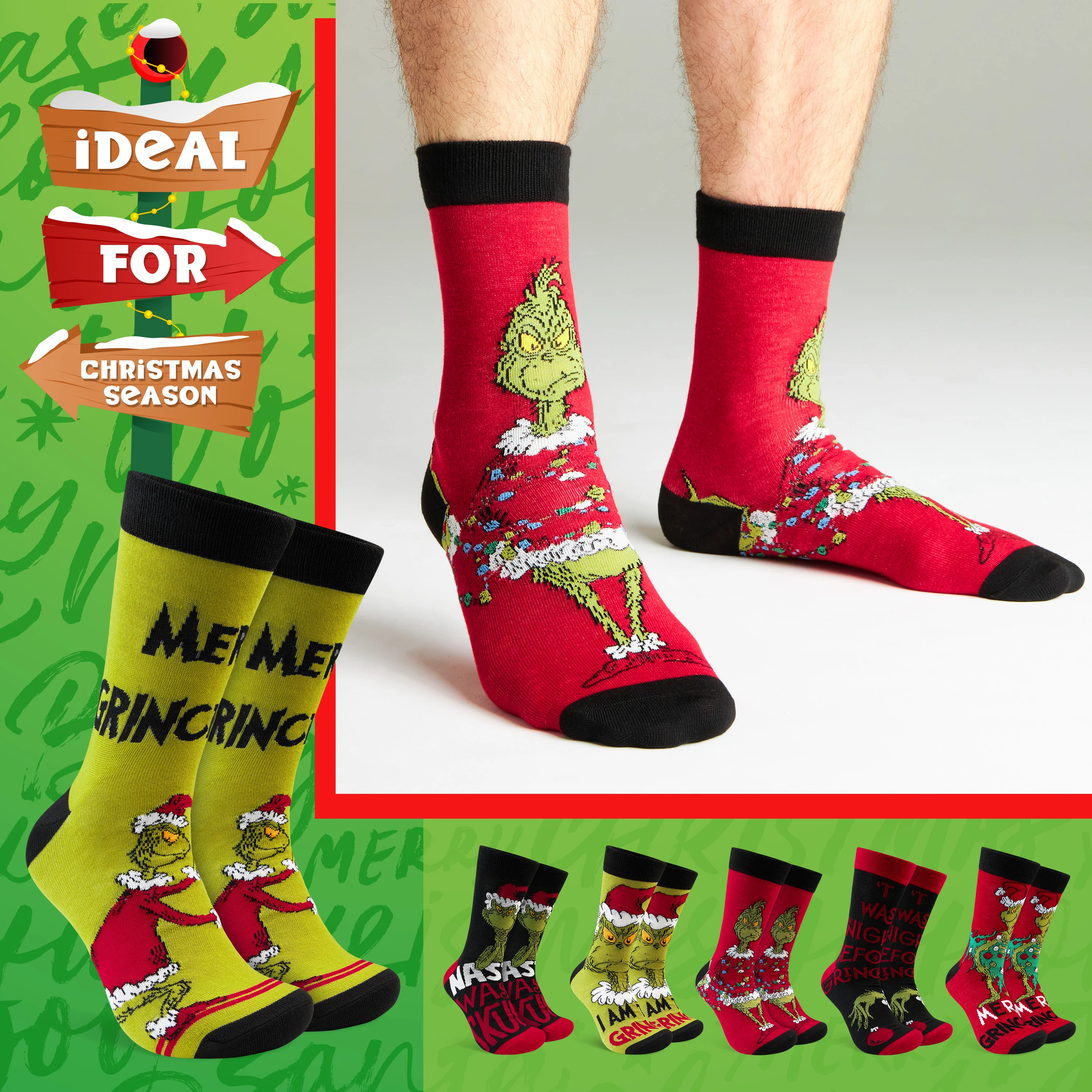 The Grinch Socks Men Multipack Calf Length Socks Teenagers Soft Breathable Funny Cute Christmas Gifts Secret Santa Stocking Stuffers - Image 5