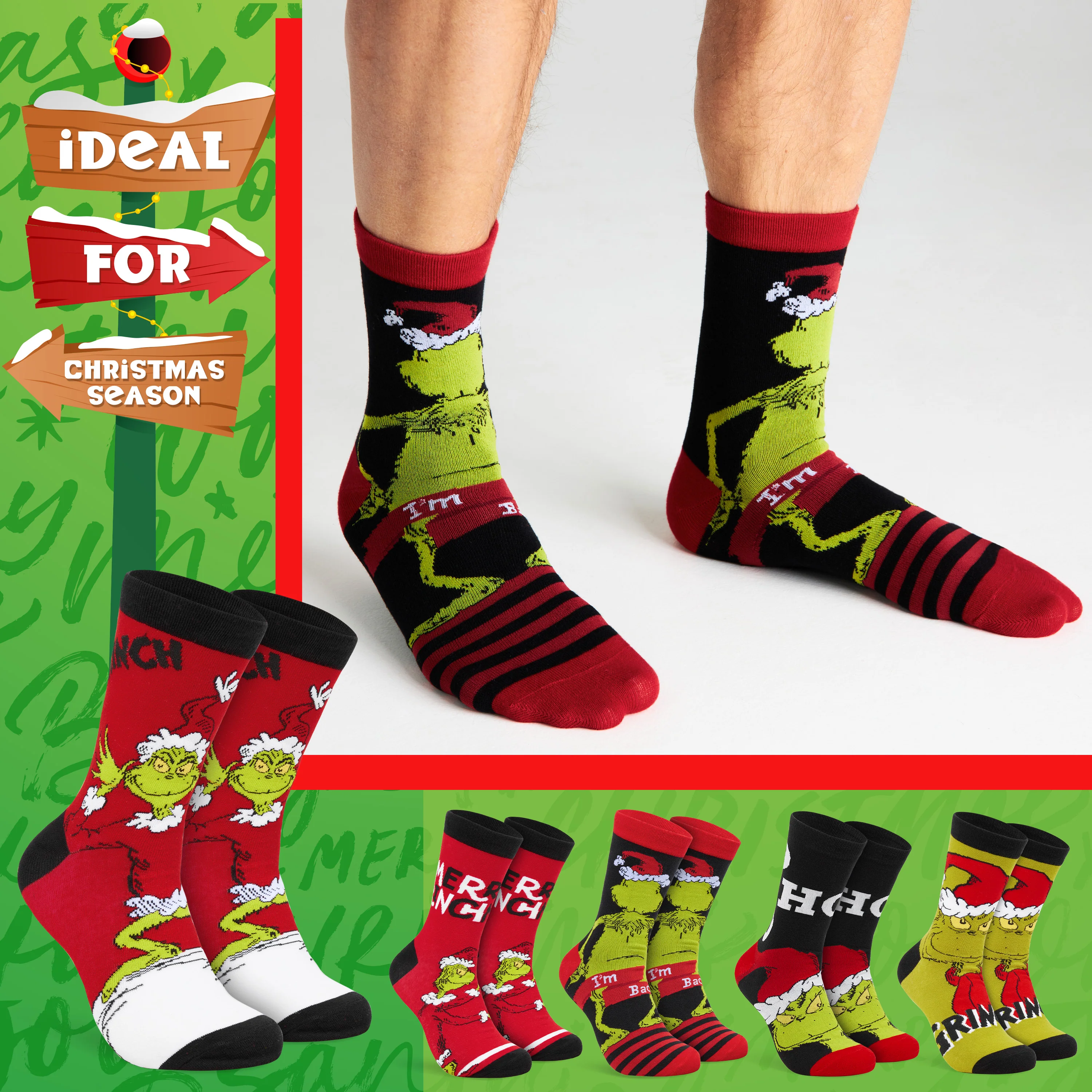 The Grinch Socks Men Multipack Calf Length Socks Teenagers Soft Breathable Funny Cute Christmas Gifts Secret Santa Stocking Stuffers - Image 5