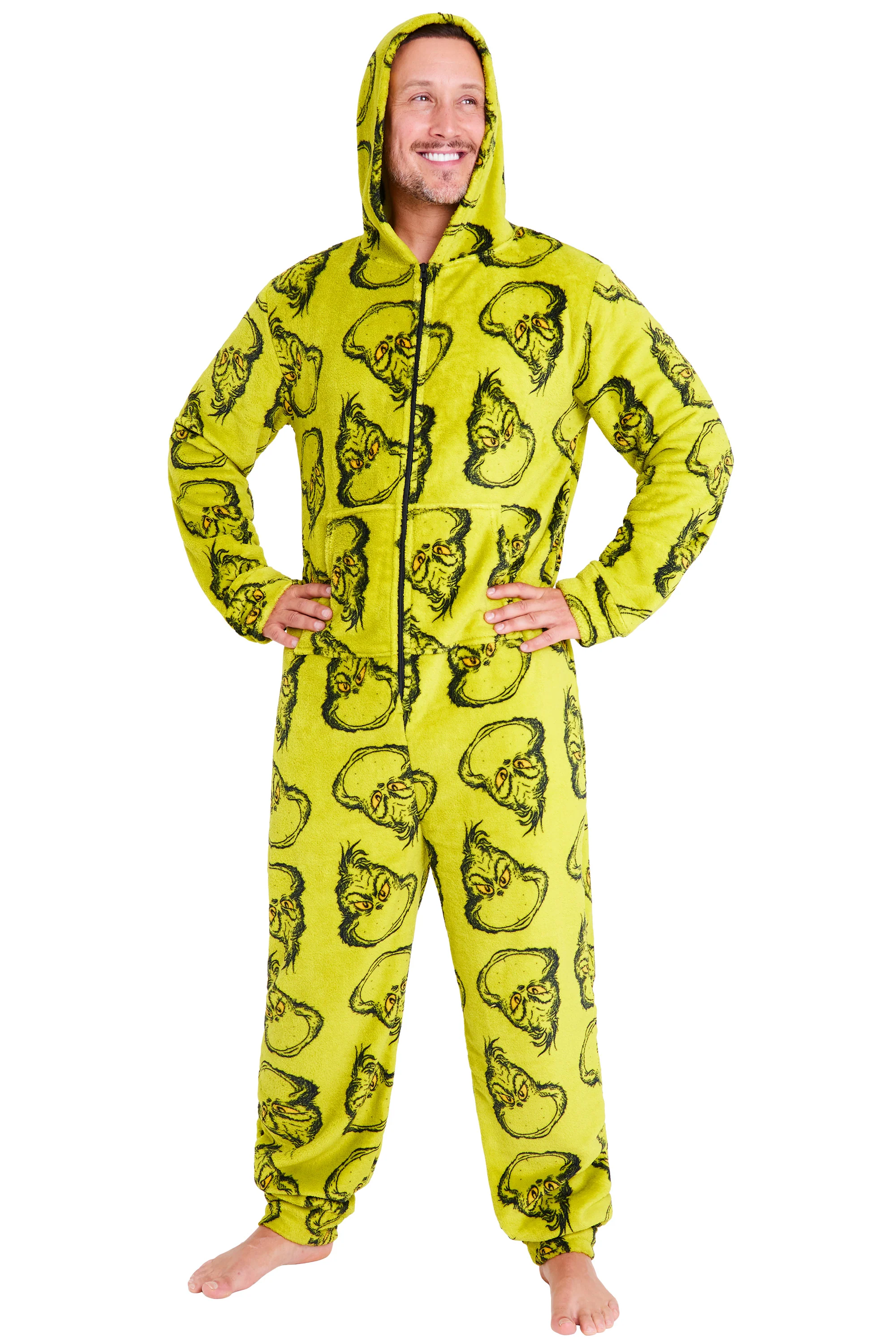 The Grinch Mens & Teenagers Fleece Onesie with Hood, Cosy Fleece Loungewear - Funny Gifts for Him