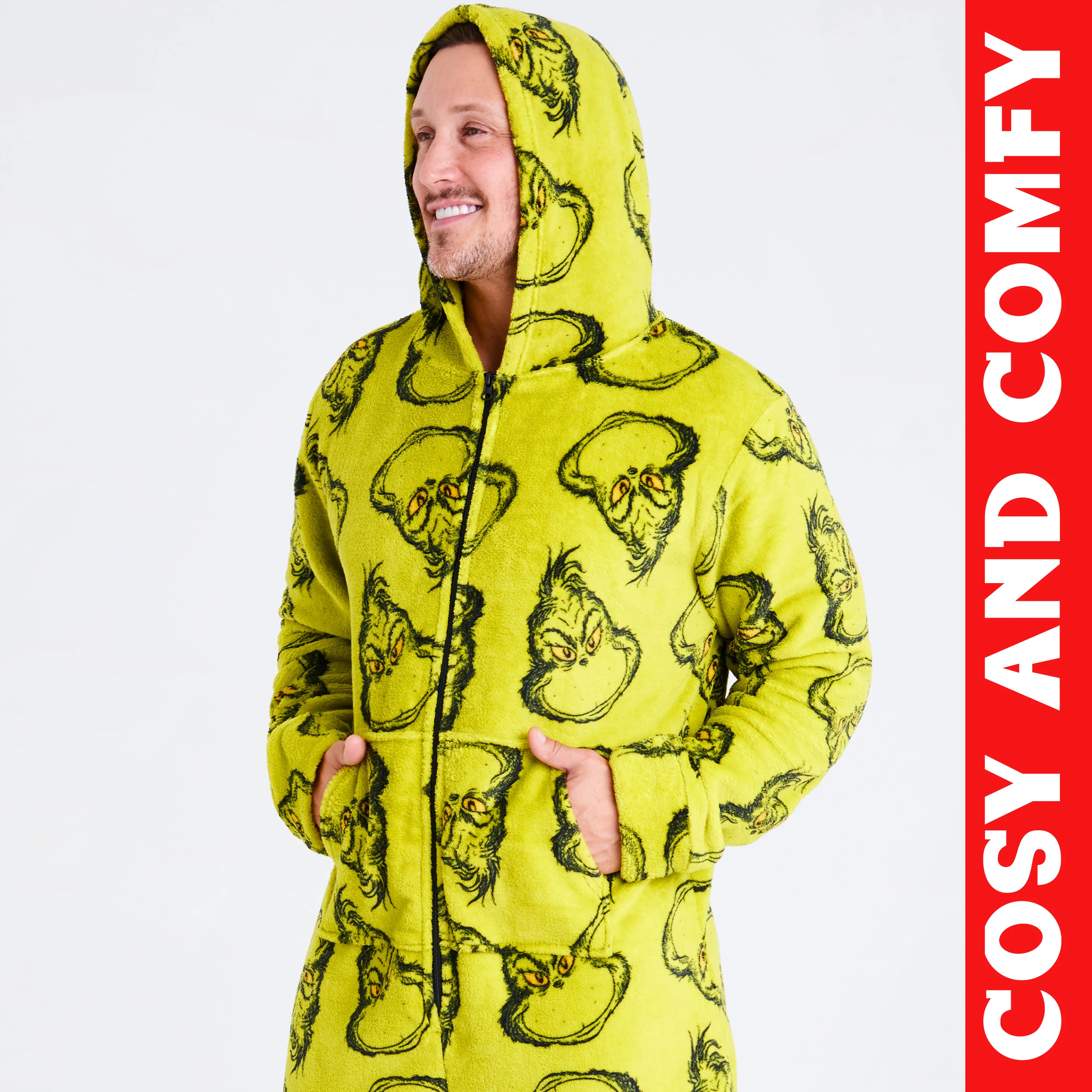 The Grinch Mens & Teenagers Fleece Onesie with Hood, Cosy Fleece Loungewear - Funny Gifts for Him - Image 2