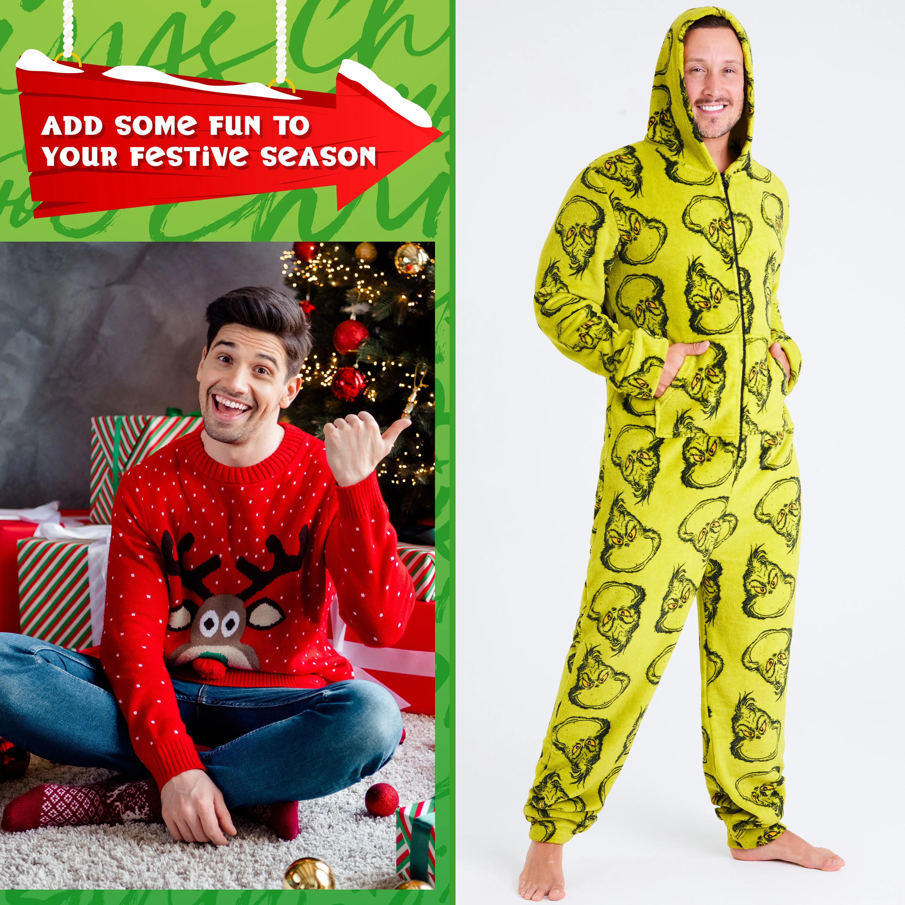 The Grinch Mens & Teenagers Fleece Onesie with Hood, Cosy Fleece Loungewear - Funny Gifts for Him - Image 3