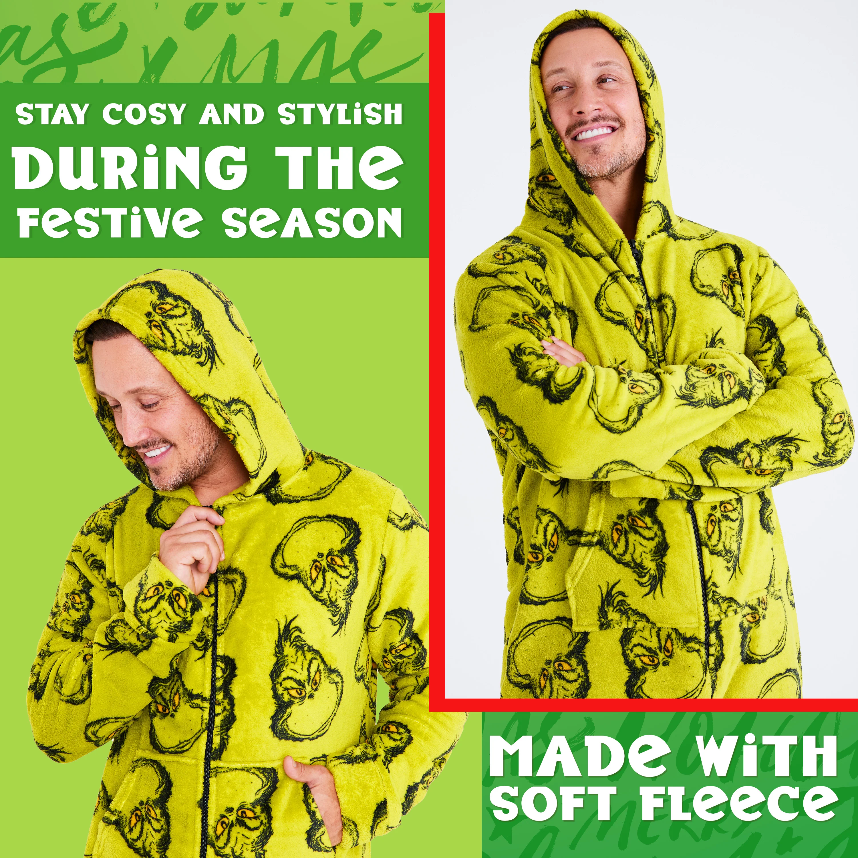 The Grinch Mens & Teenagers Fleece Onesie with Hood, Cosy Fleece Loungewear - Funny Gifts for Him - Image 4