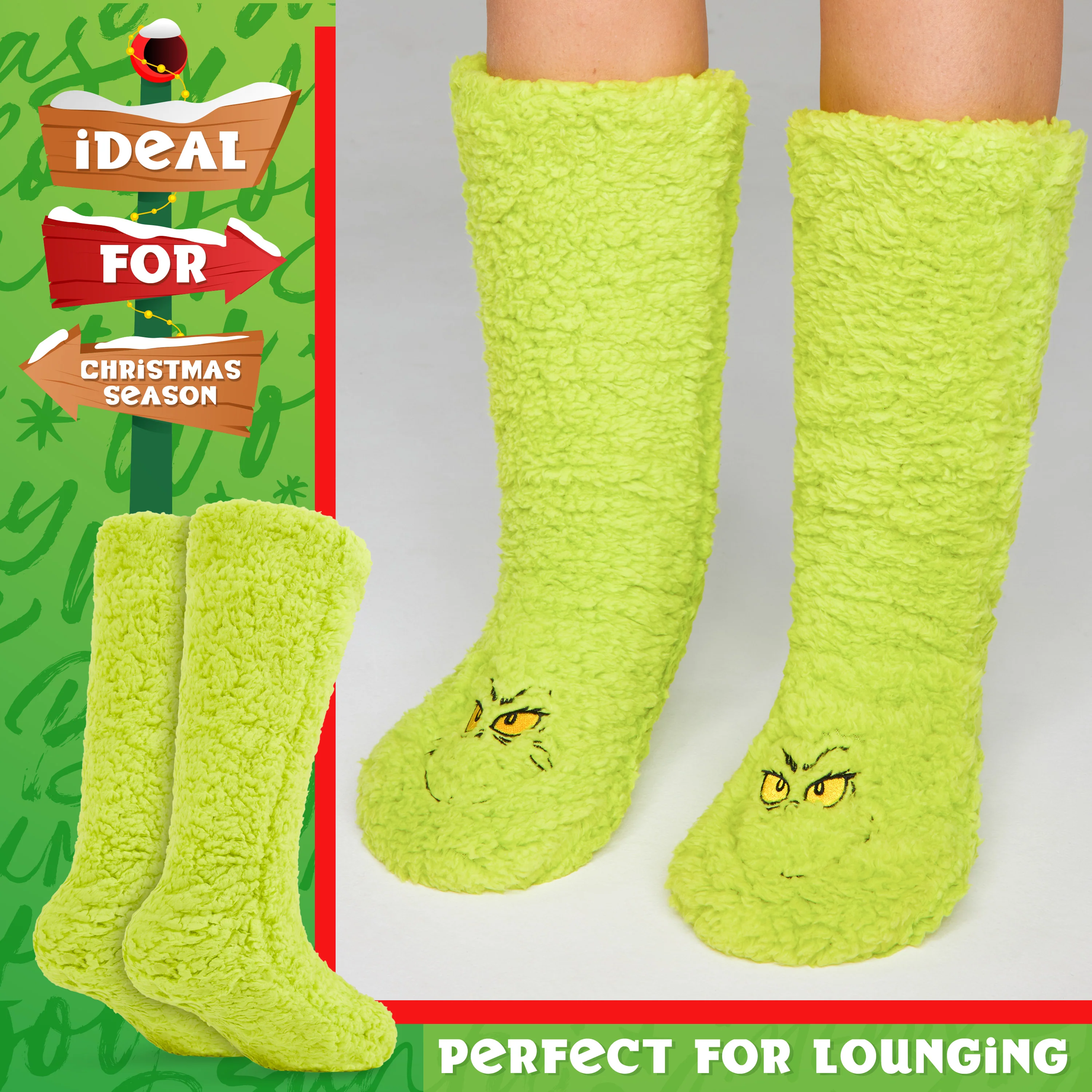 The Grinch Slipper Socks for Women Men Teens, Soft Fluffy Socks Warm Winter Bed Socks Non Slip Funny Festive Stocking Filler Xmas Secret Santa Gifts - Image 5