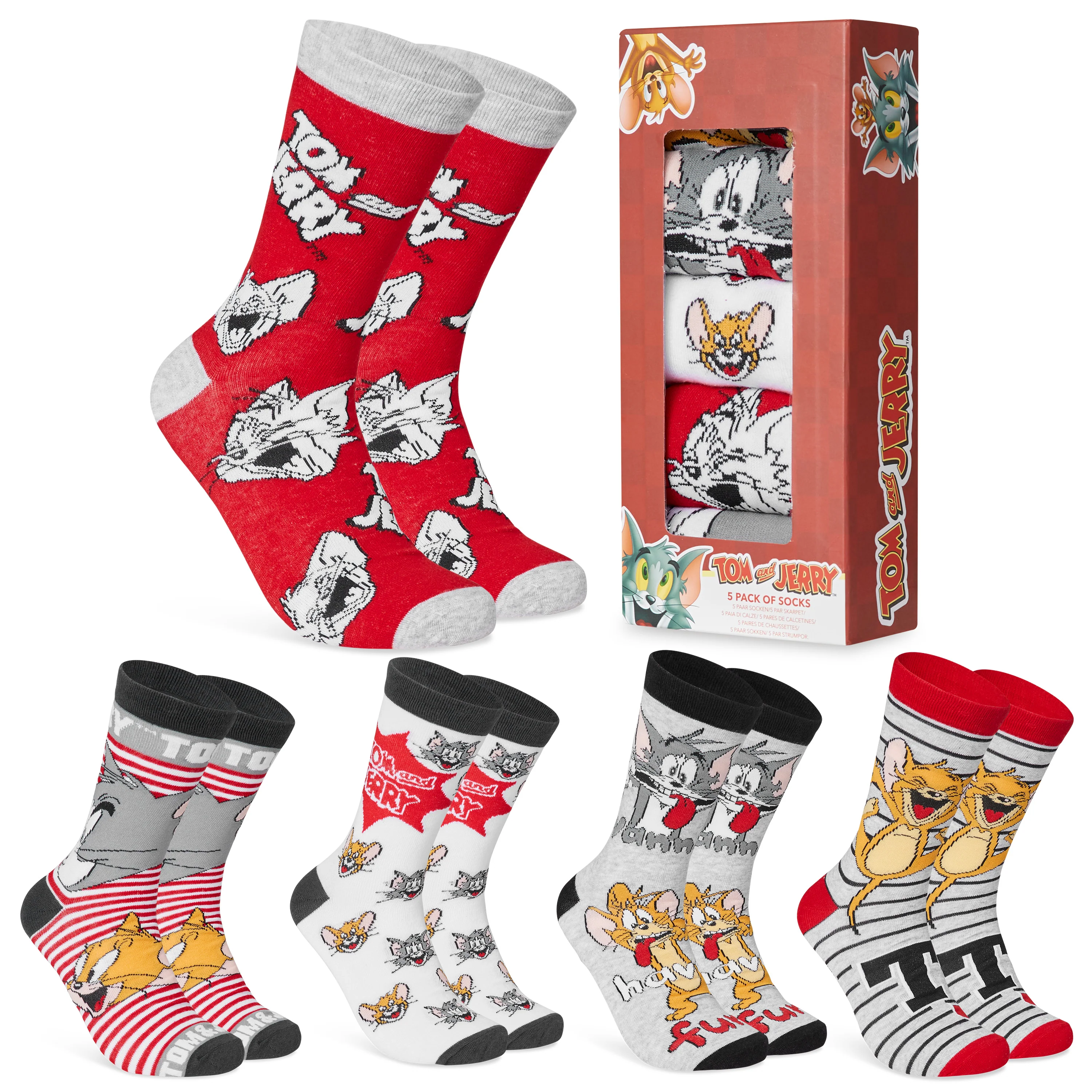 Tom and Jerry Mens Socks - Pack of 5 Crew Socks for Men - Grey/Red