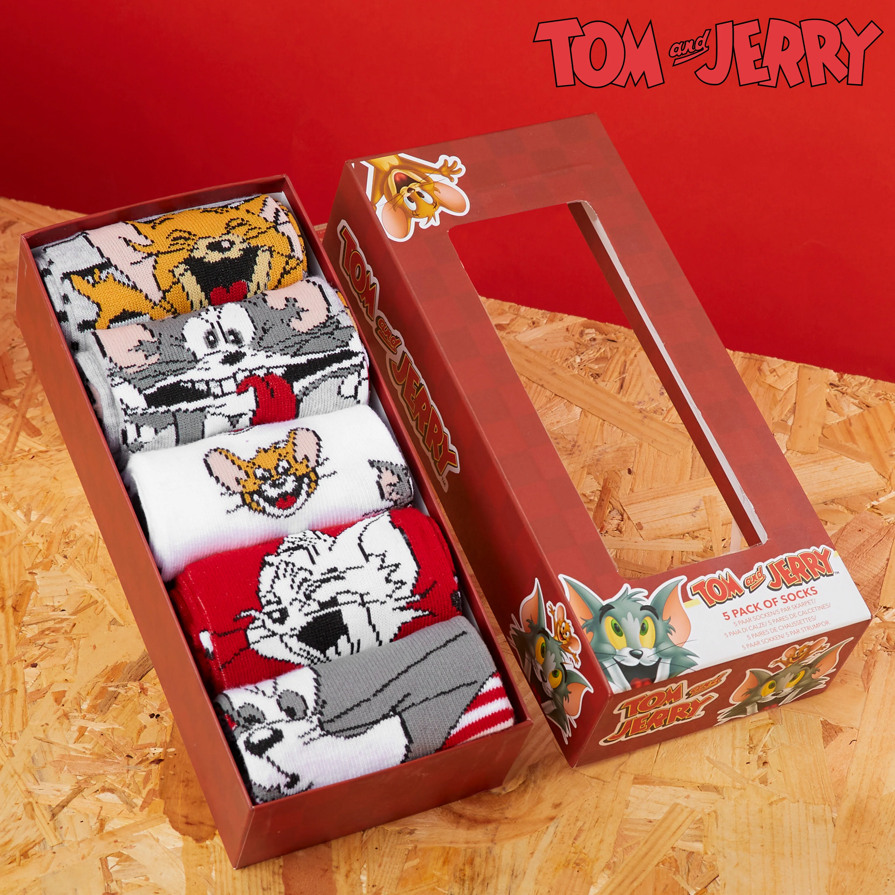Tom and Jerry Mens Socks - Pack of 5 Crew Socks for Men - Grey/Red - Image 2