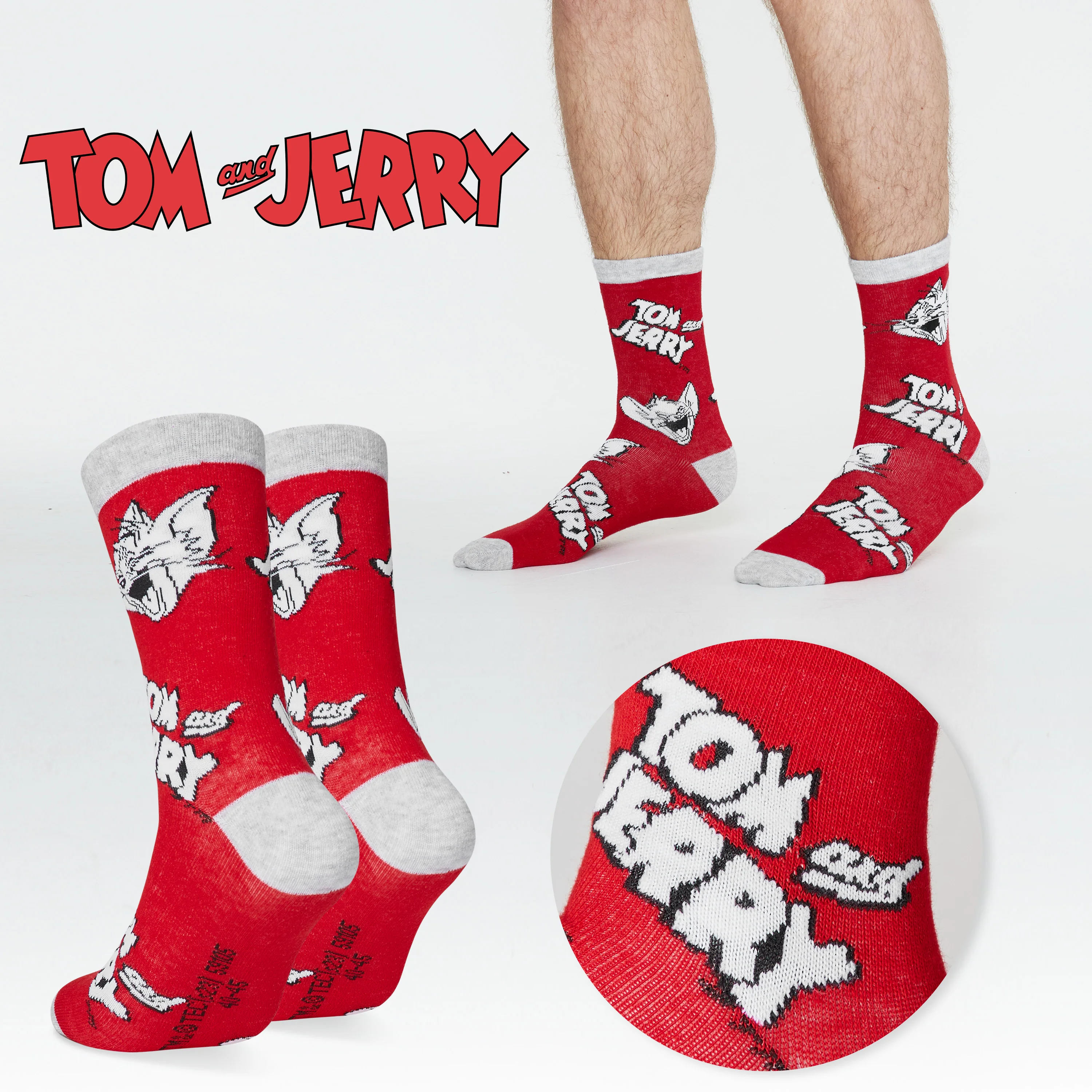 Tom and Jerry Mens Socks - Pack of 5 Crew Socks for Men - Grey/Red - Image 4